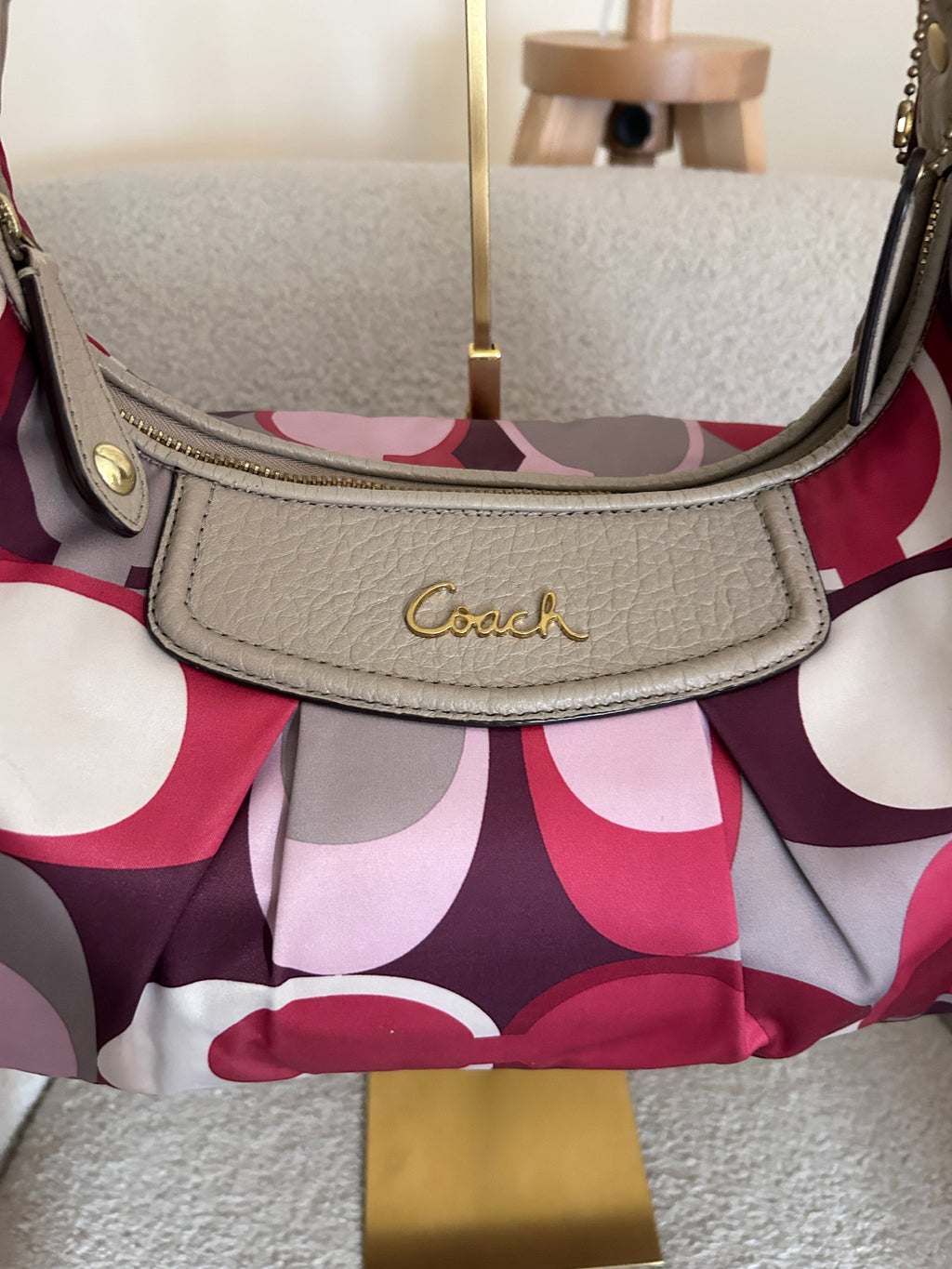Vintage Coach burgundy and pink monogram shoulder bag