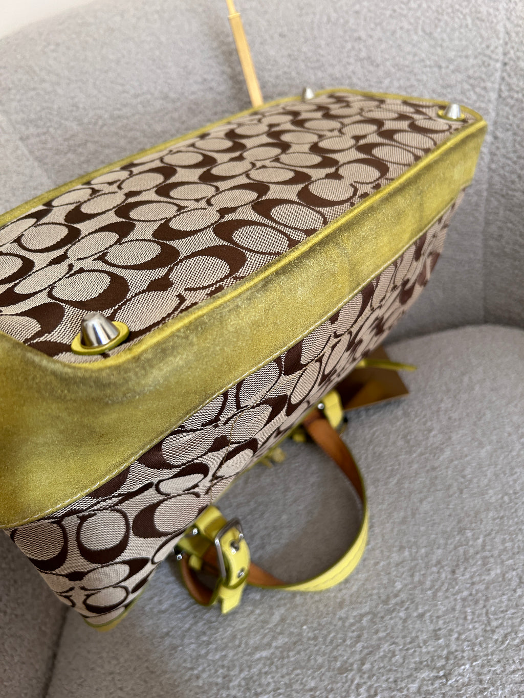 Vintage Coach lime green suede signature monogram shoulder bag