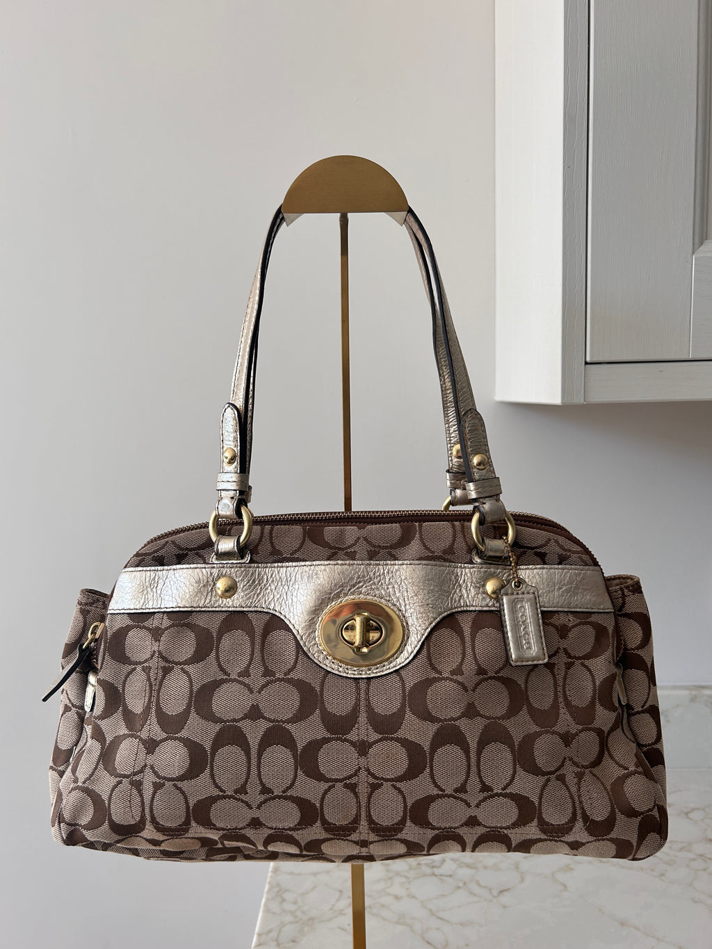 Vintage Coach signature monogram metallic leather shoulder bag