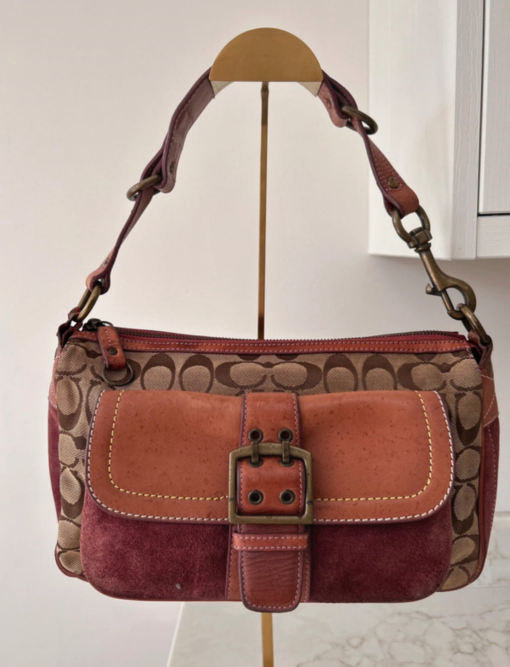 Vintage Coach signature monogram burgundy suede buckle shoulder bag