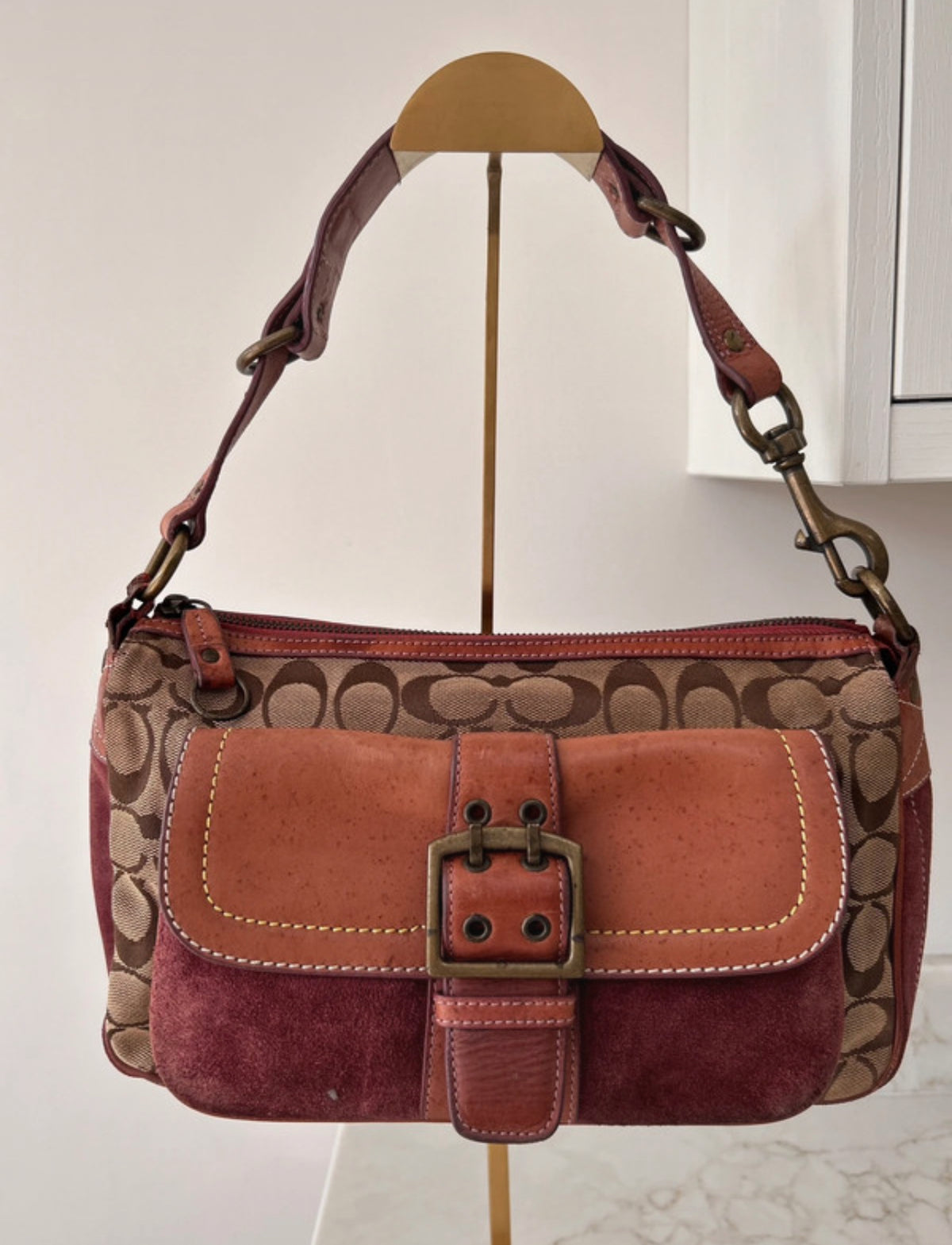 Vintage Coach signature monogram burgundy suede buckle shoulder bag