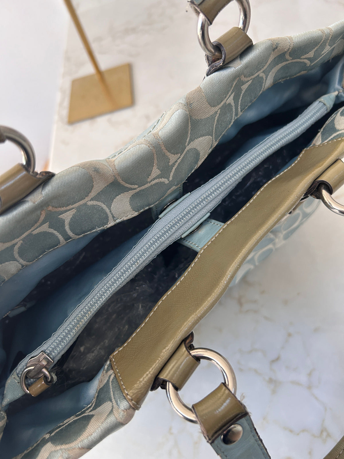 Vintage Coach blue monogram tote shoulder bag