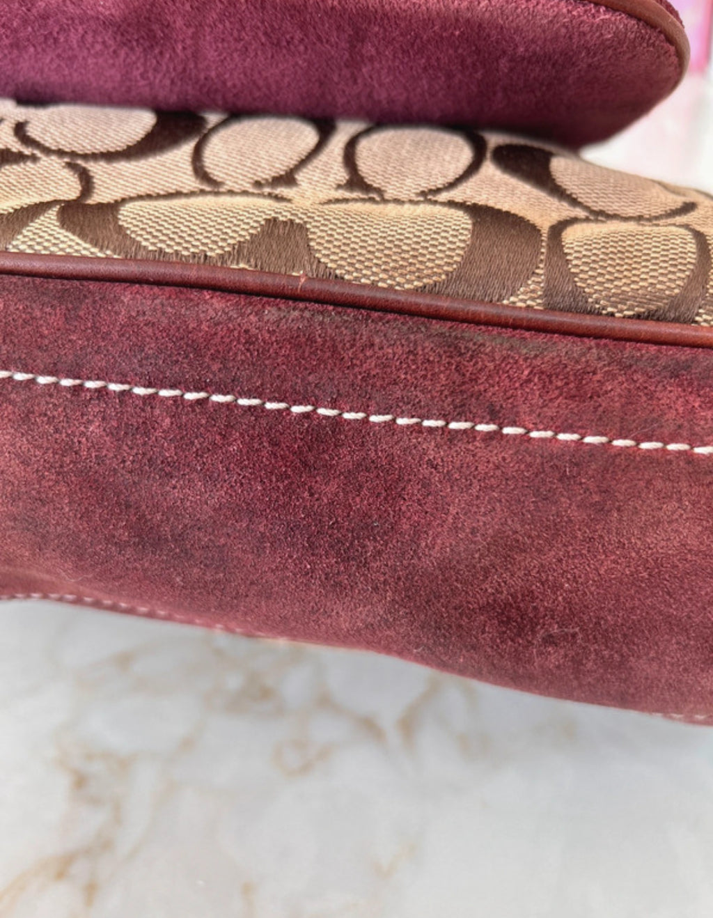 Vintage Coach signature monogram burgundy suede buckle shoulder bag