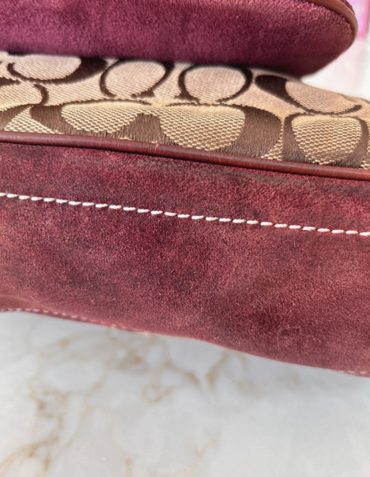 Vintage Coach signature monogram burgundy suede buckle shoulder bag