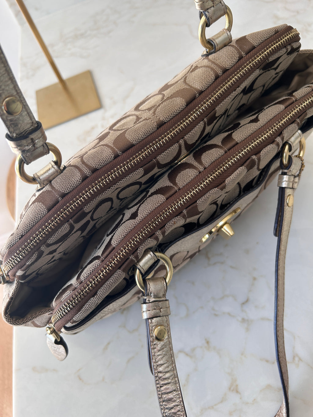 Vintage Coach signature monogram metallic leather shoulder bag