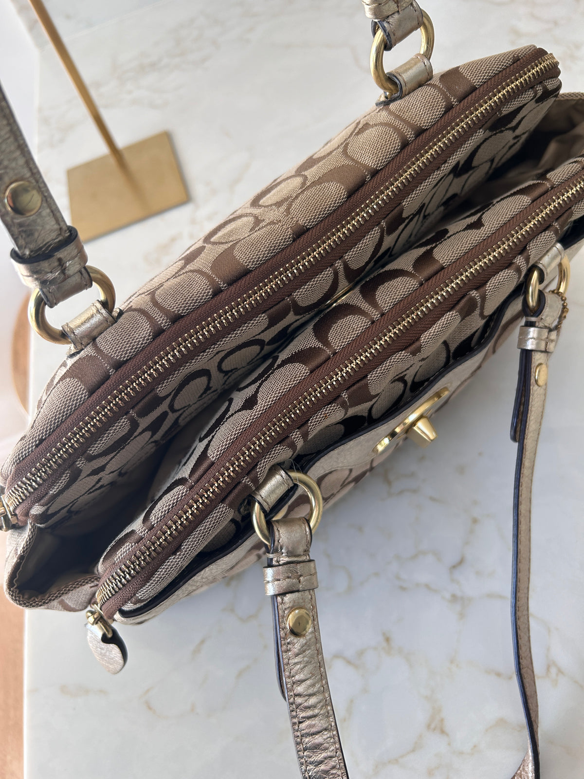 Vintage Coach signature monogram metallic leather shoulder bag