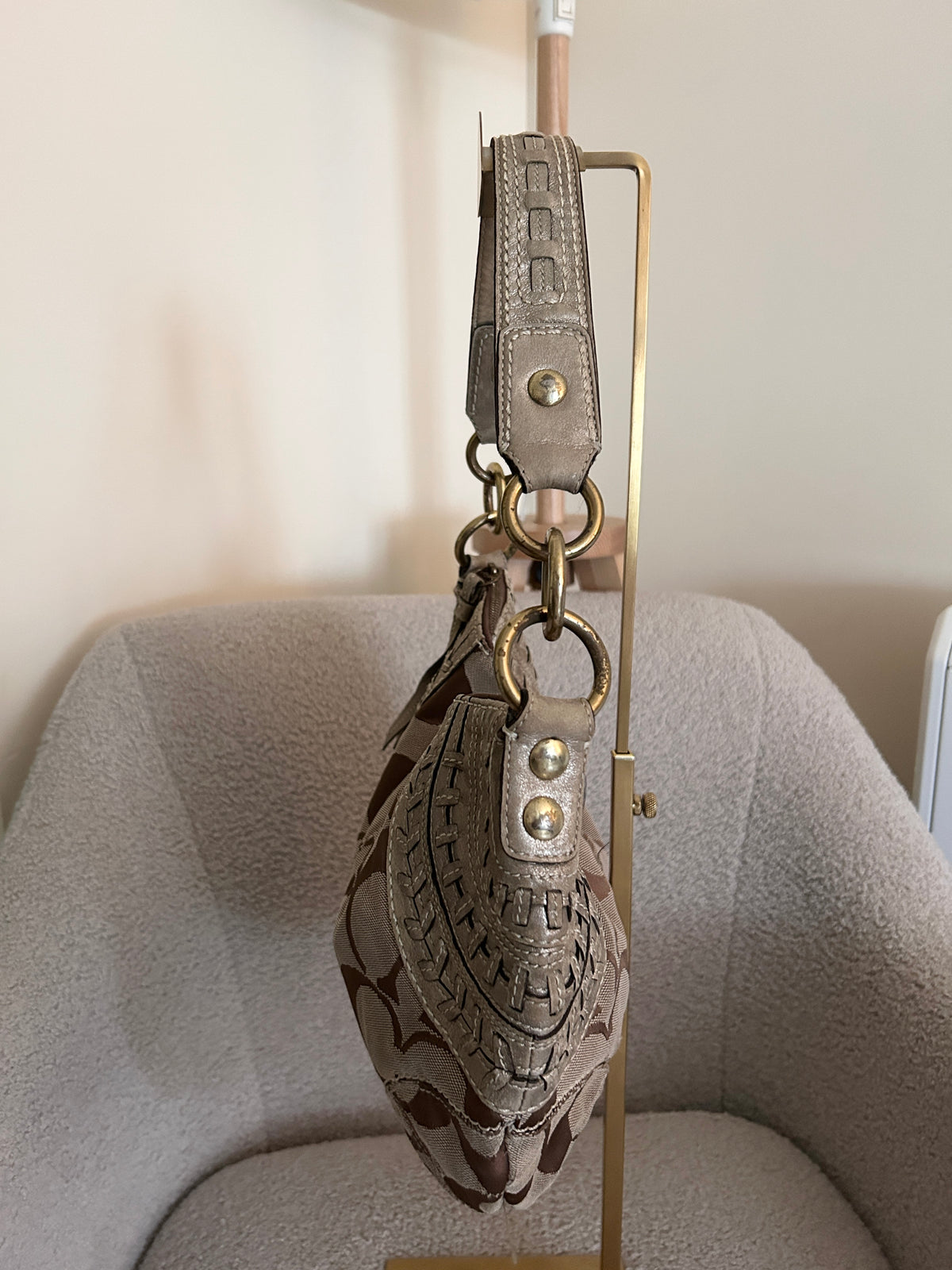 Vintage Coach signature monogram gold leather shoulder bag