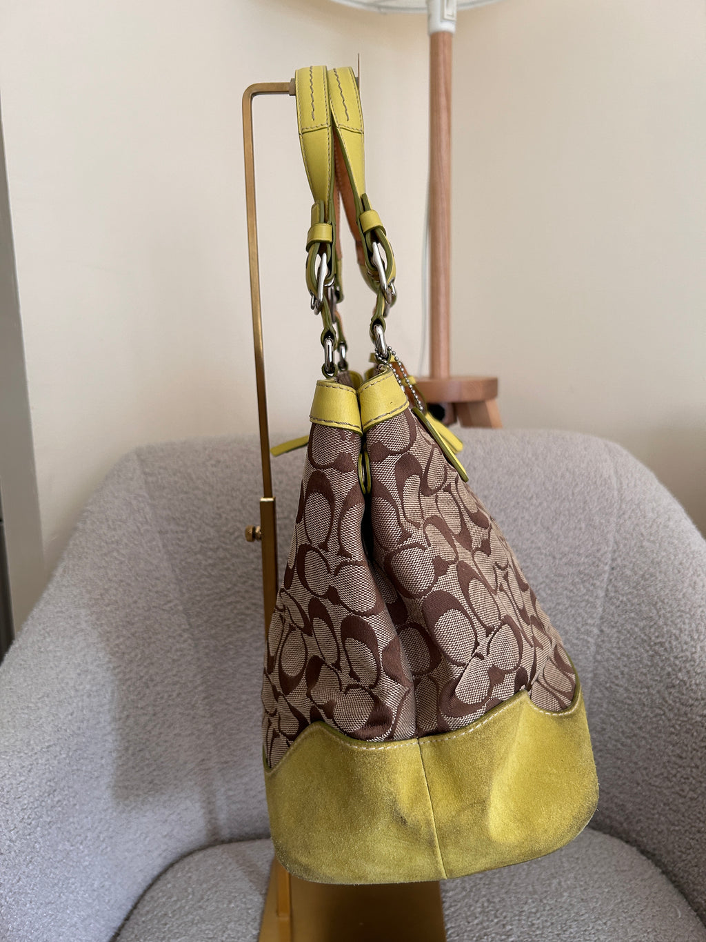 Vintage Coach lime green suede signature monogram shoulder bag