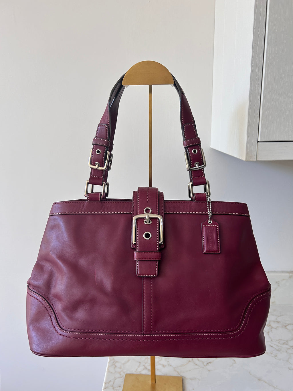 Vintage Coach burgundy leather buckle shoulder bag