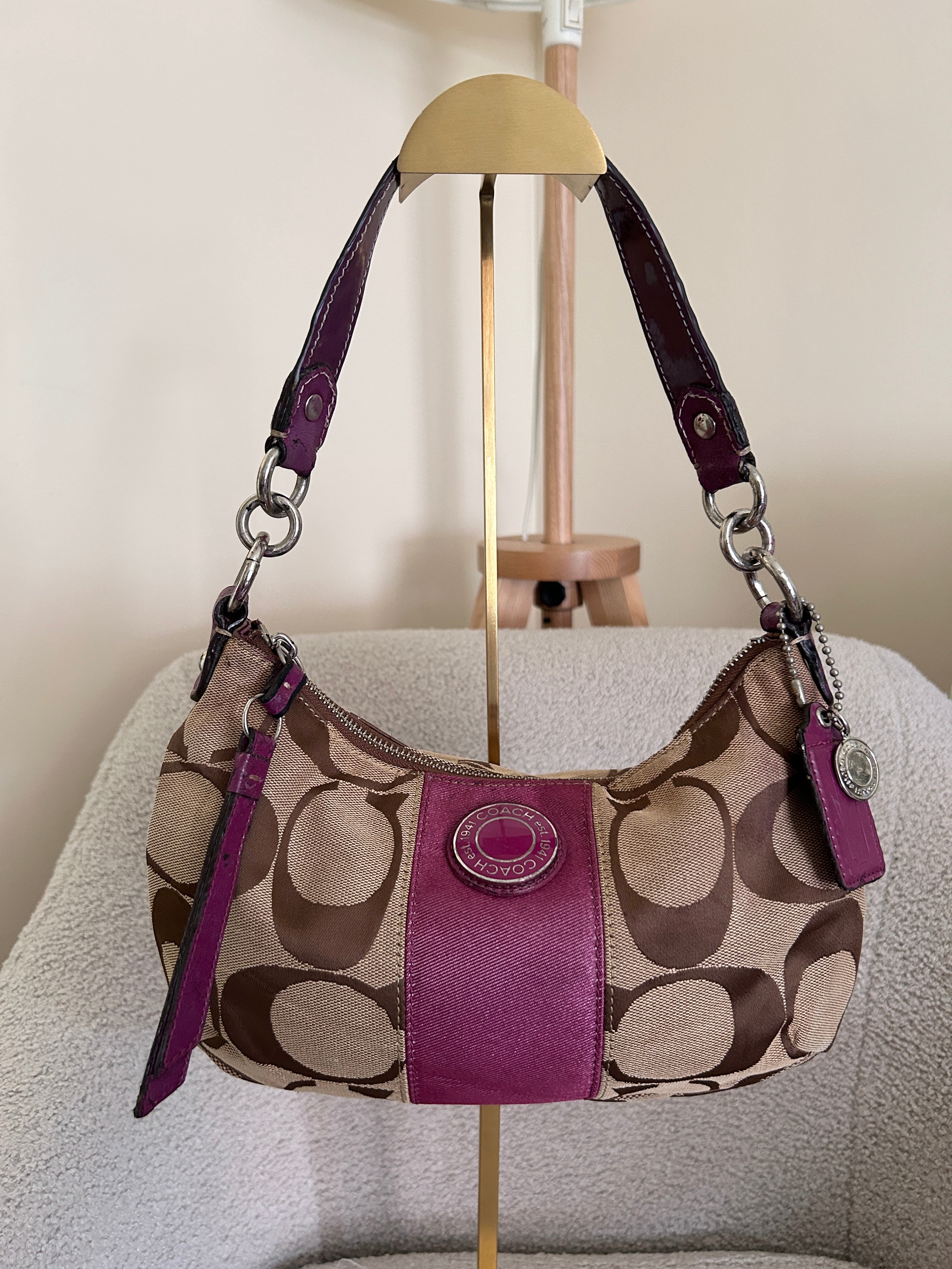 Vintage Coach brown monogram and purple shoulder bag