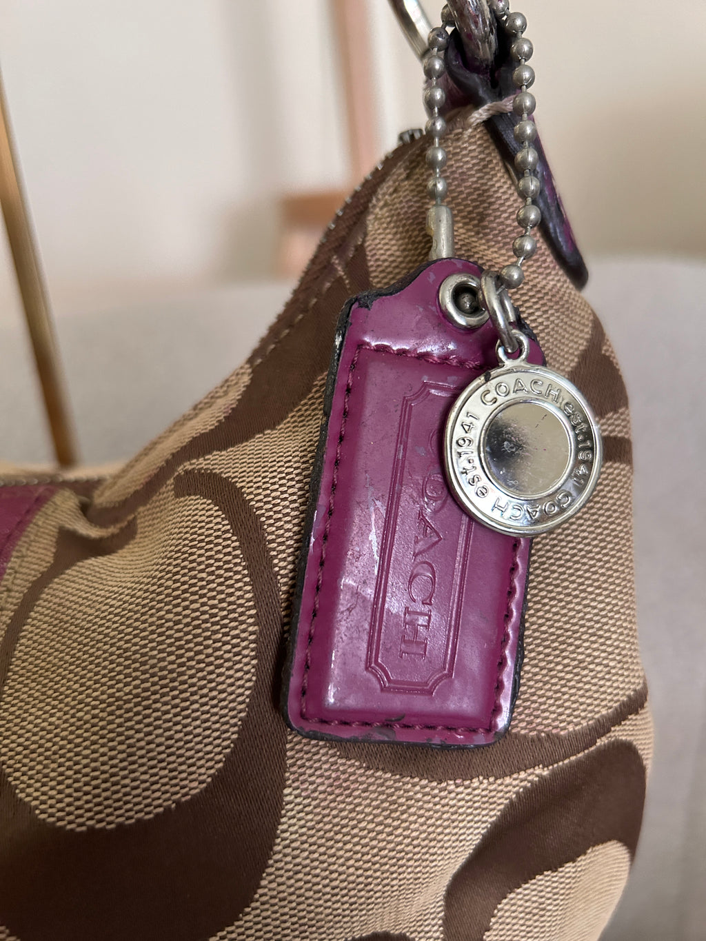 Vintage Coach brown monogram and purple shoulder bag