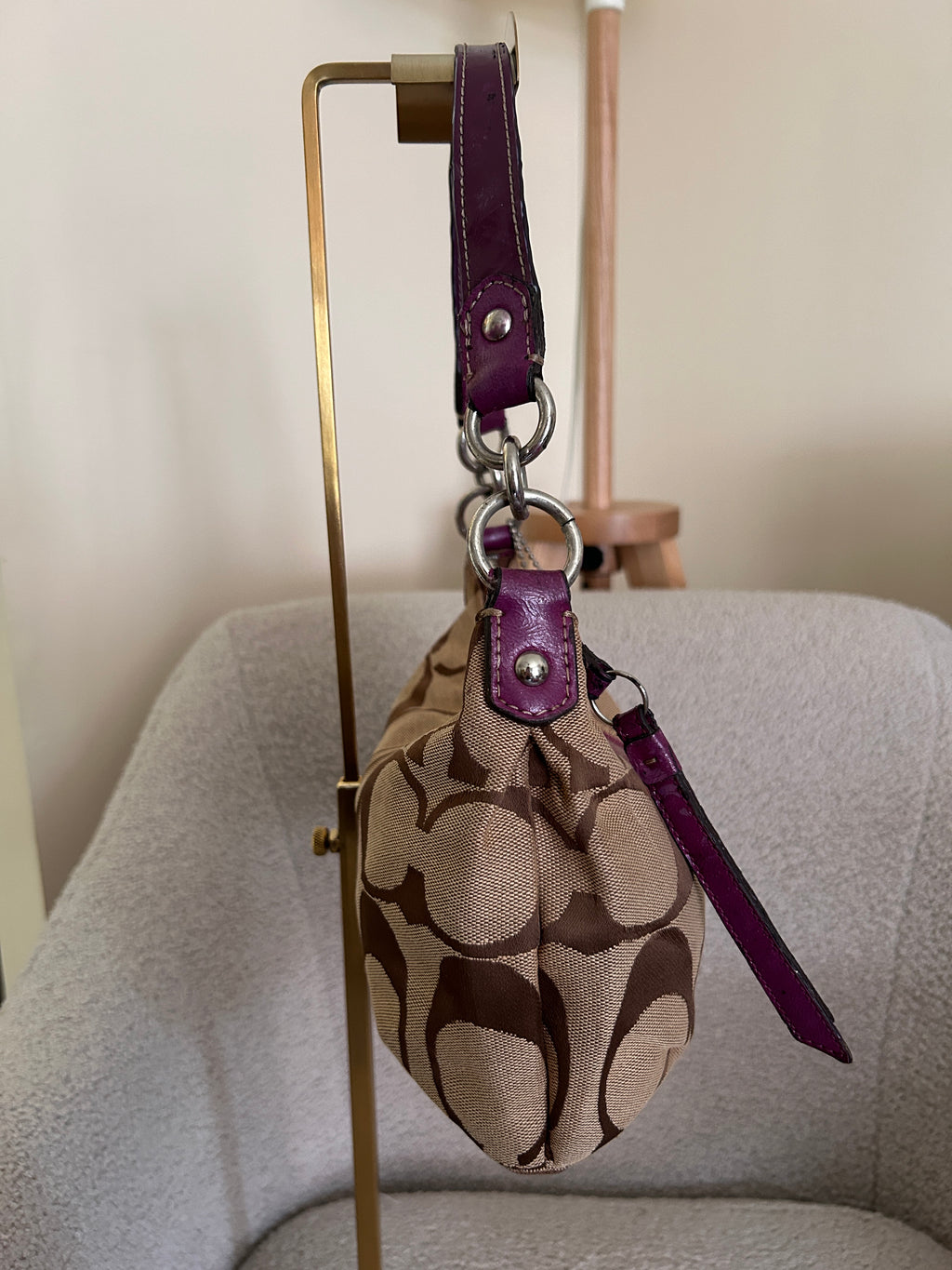 Vintage Coach brown monogram and purple shoulder bag