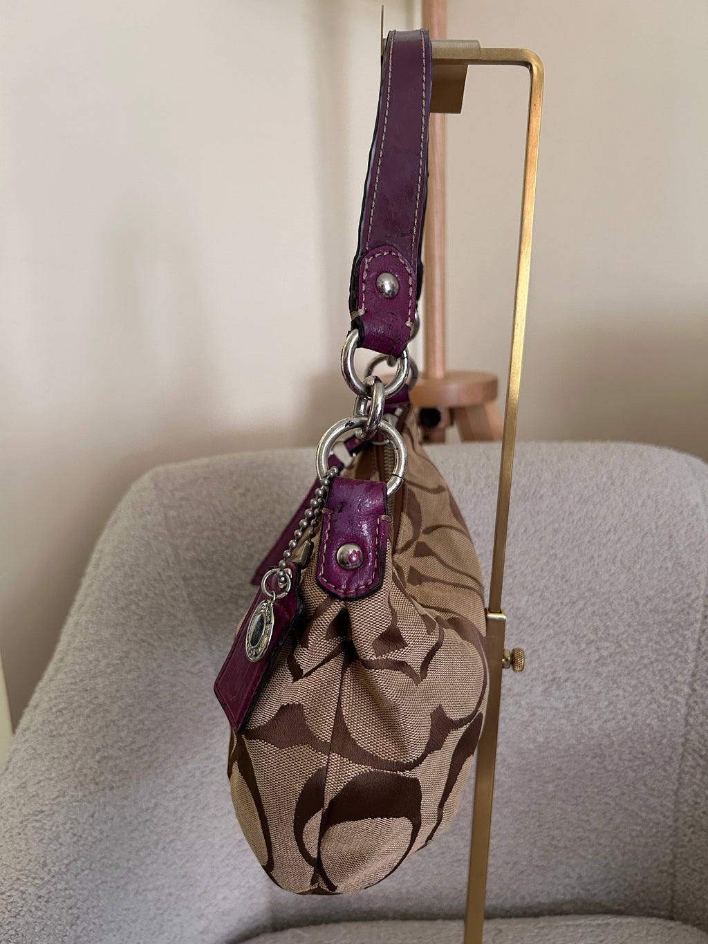 Vintage Coach brown monogram and purple shoulder bag