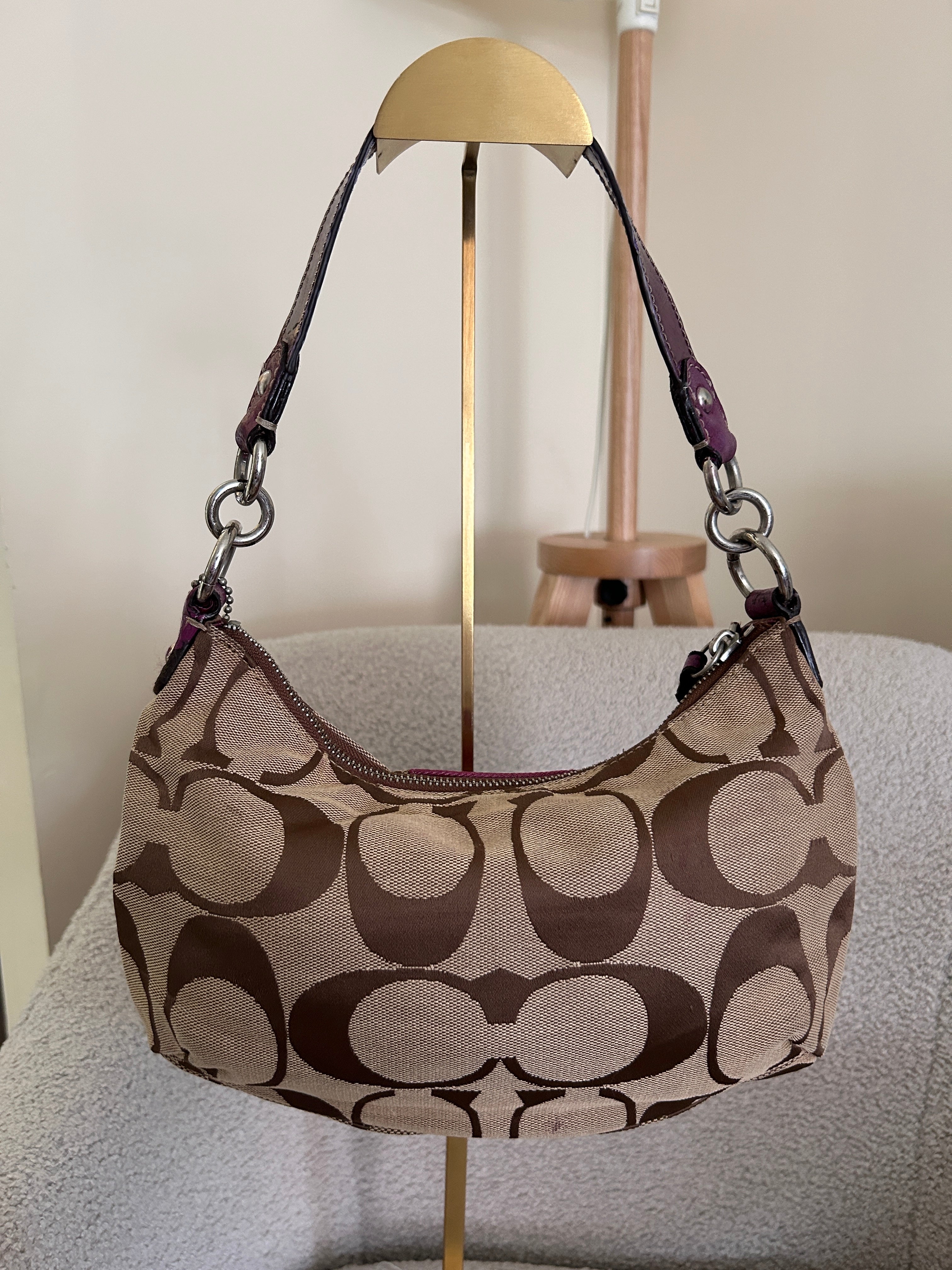 Vintage Coach brown monogram and purple shoulder bag