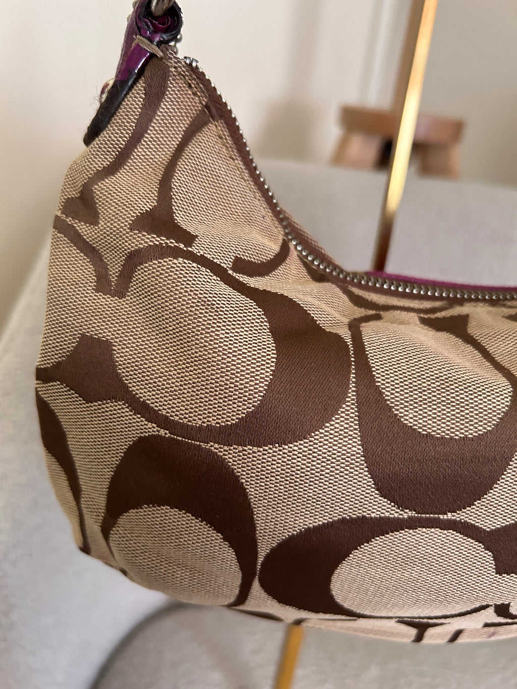 Vintage Coach brown monogram and purple shoulder bag