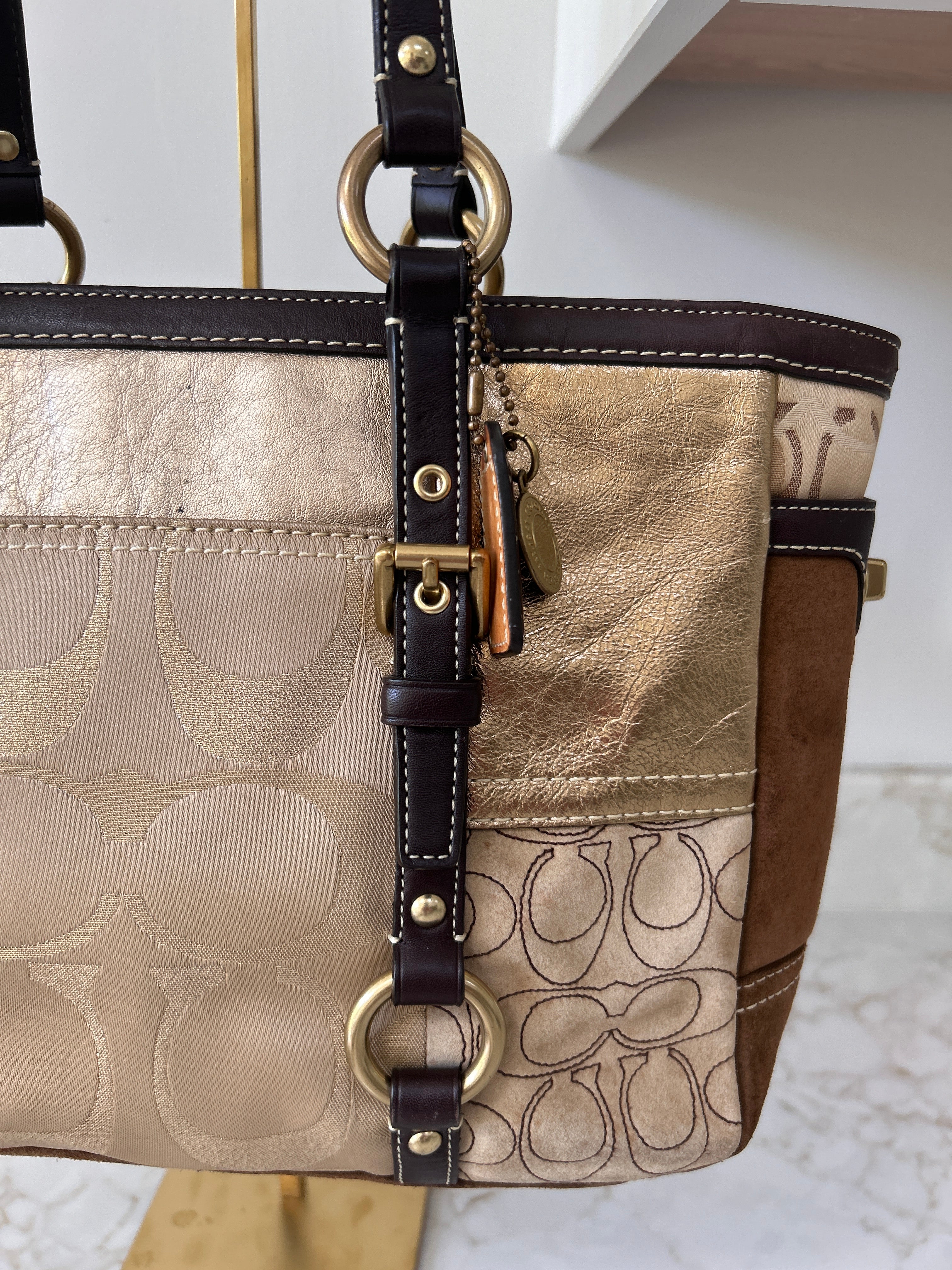 Vintage Coach brown and gold patchwork shoulder bag