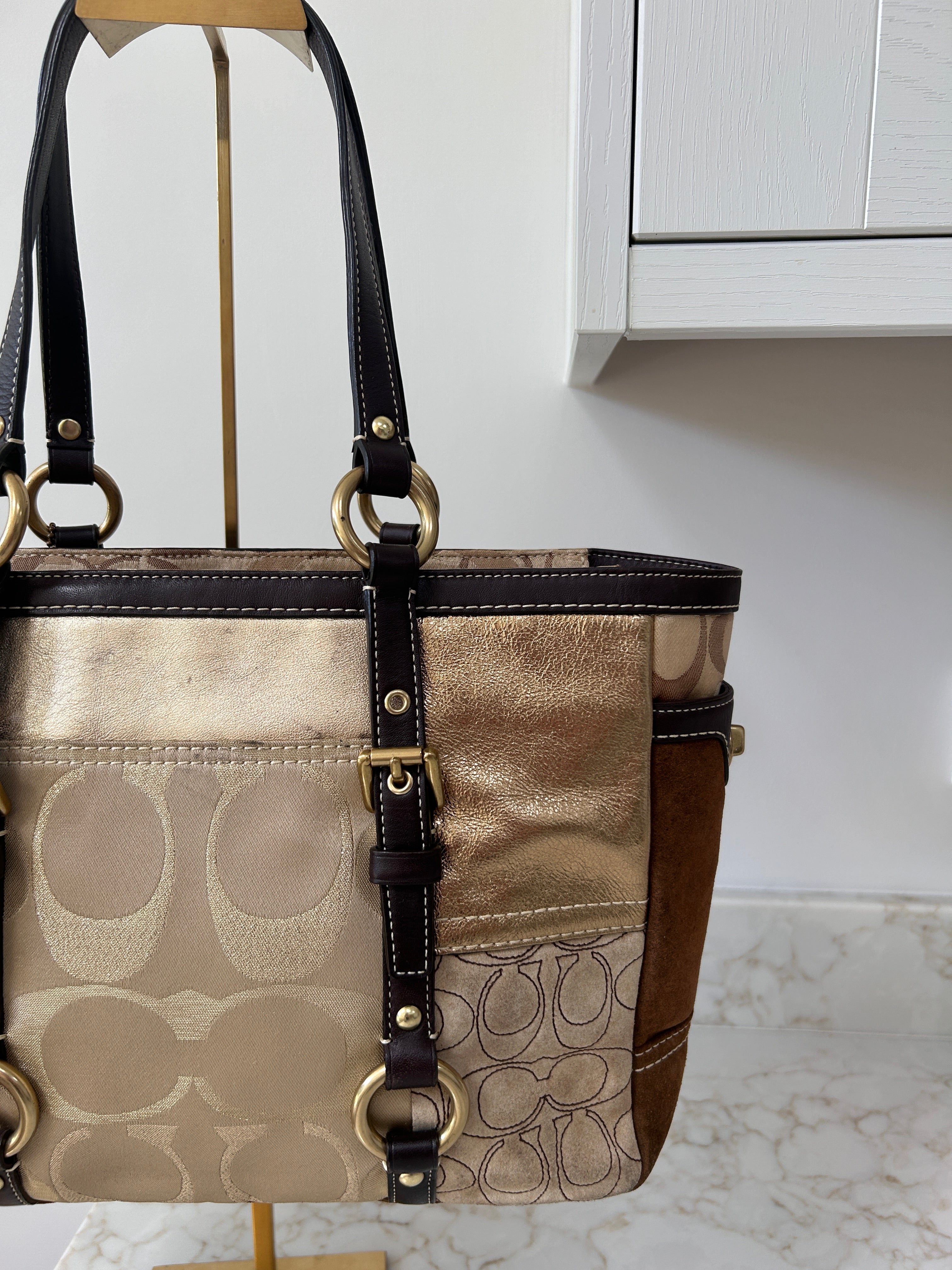 Vintage Coach brown and gold patchwork shoulder bag