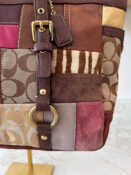 Vintage Coach brown and pink patchwork tote shoulder bag