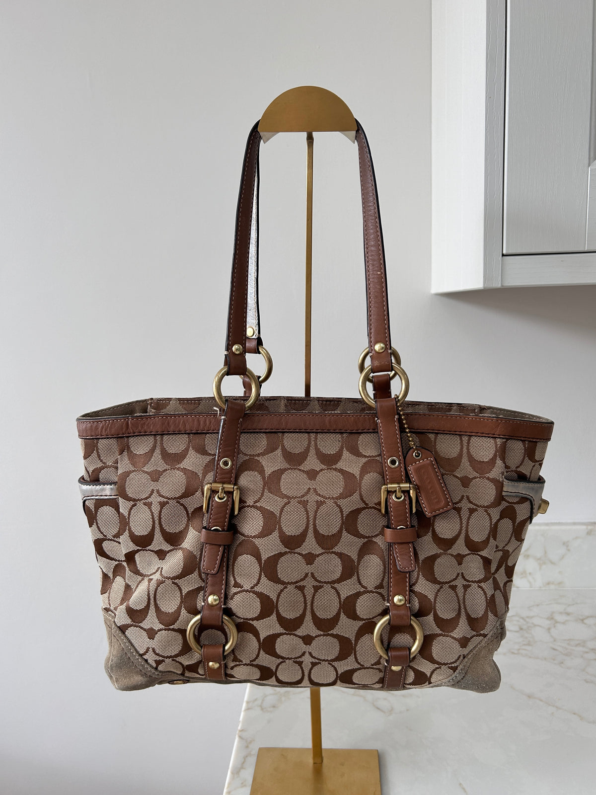 Vintage Coach brown monogram tote shoulder bag