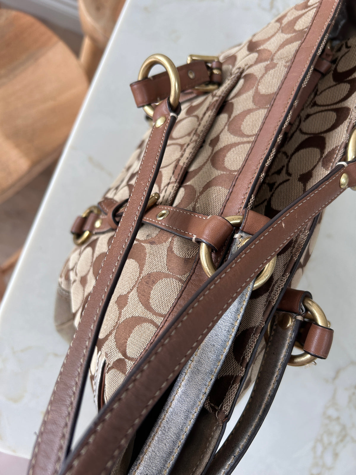 Vintage Coach brown monogram tote shoulder bag