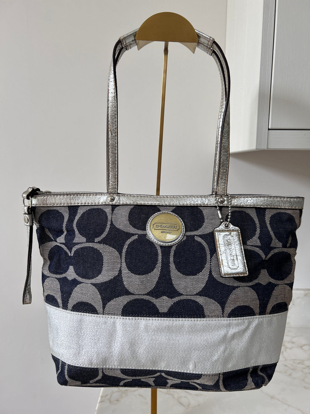 Vintage Coach denim and silver shoulder bag