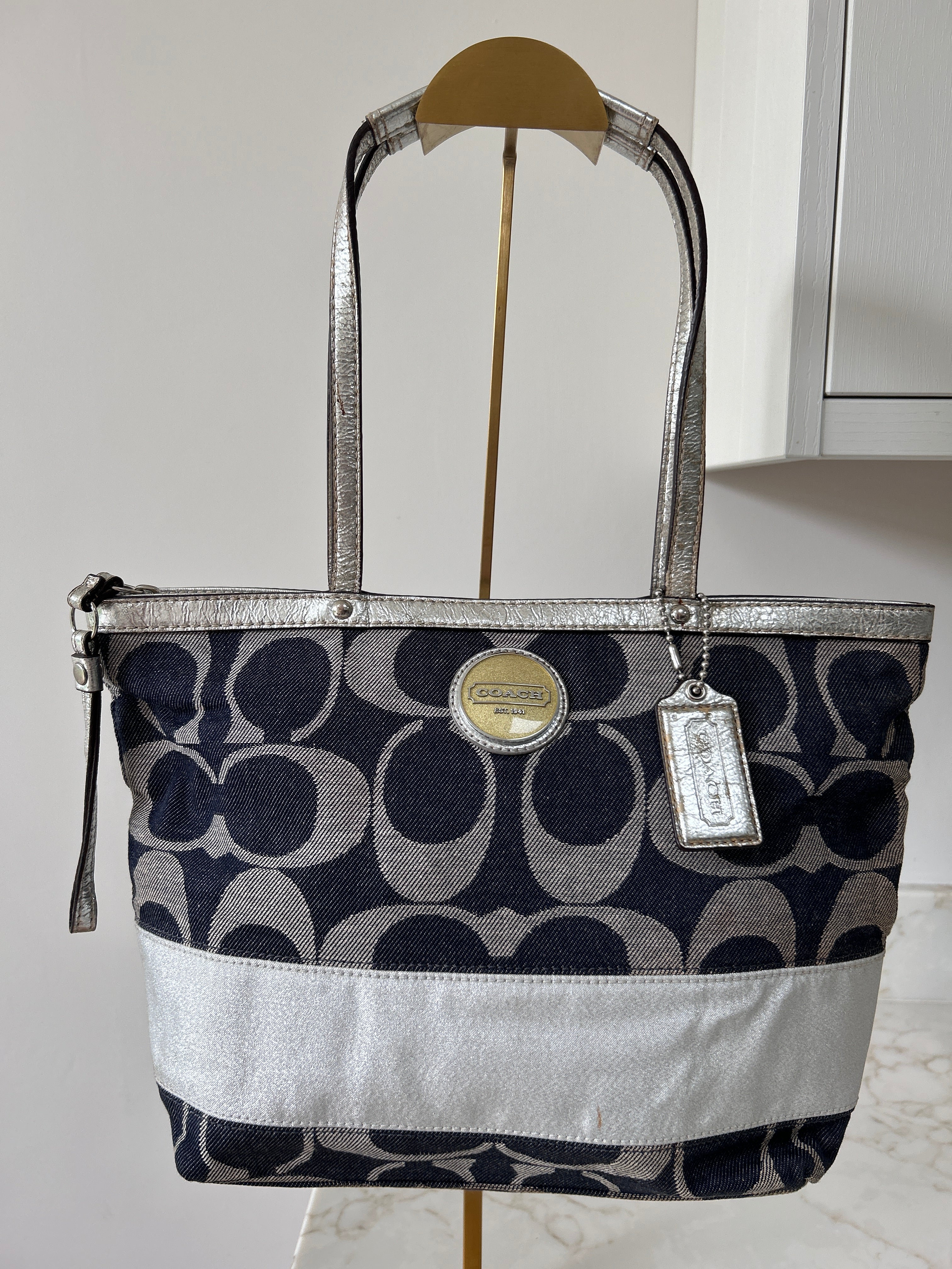 Vintage Coach denim and silver shoulder bag