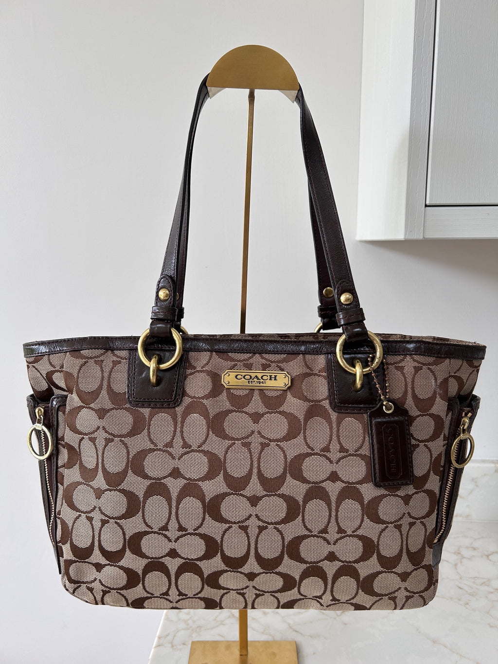 Vintage Coach brown monogram tote shoulder bag