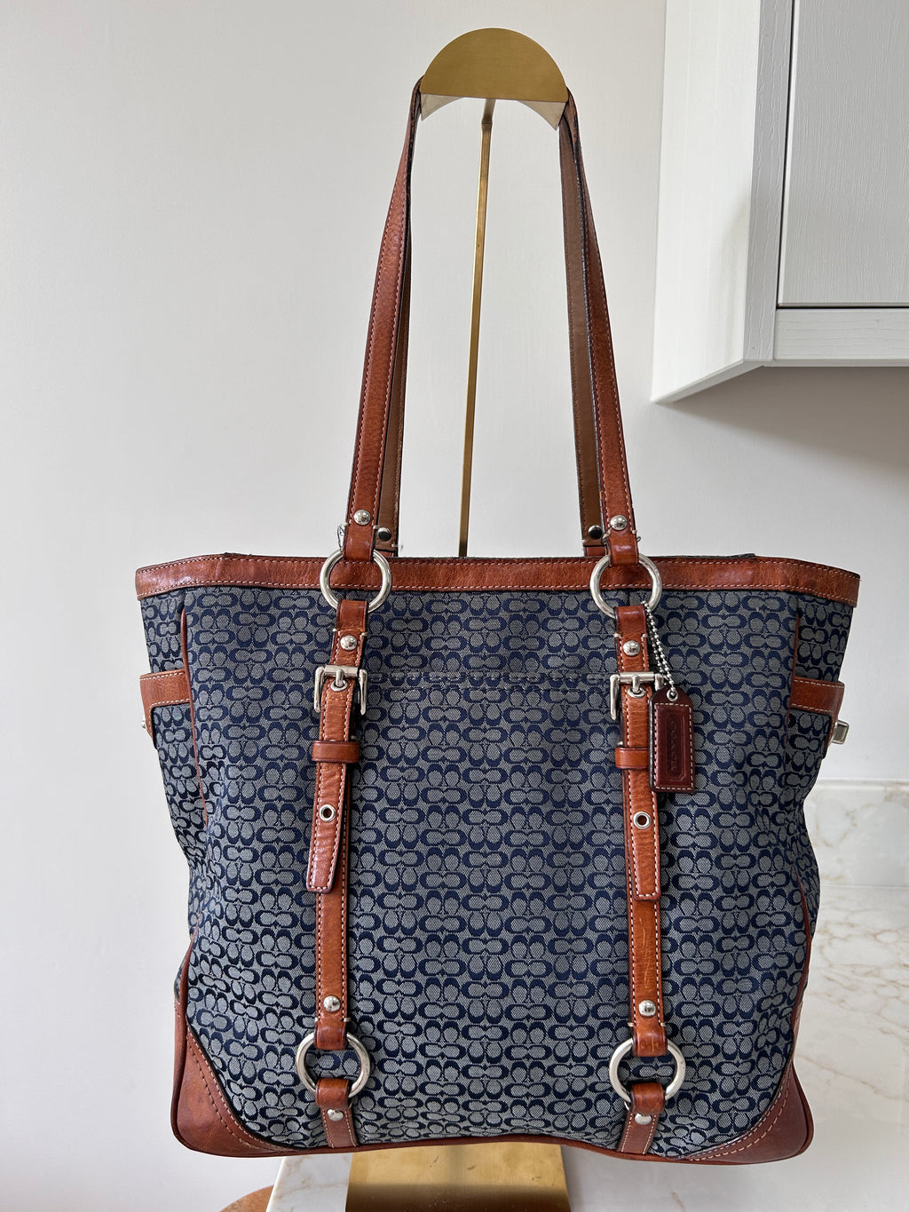 Vintage Coach denim and brown leather shoulder bag