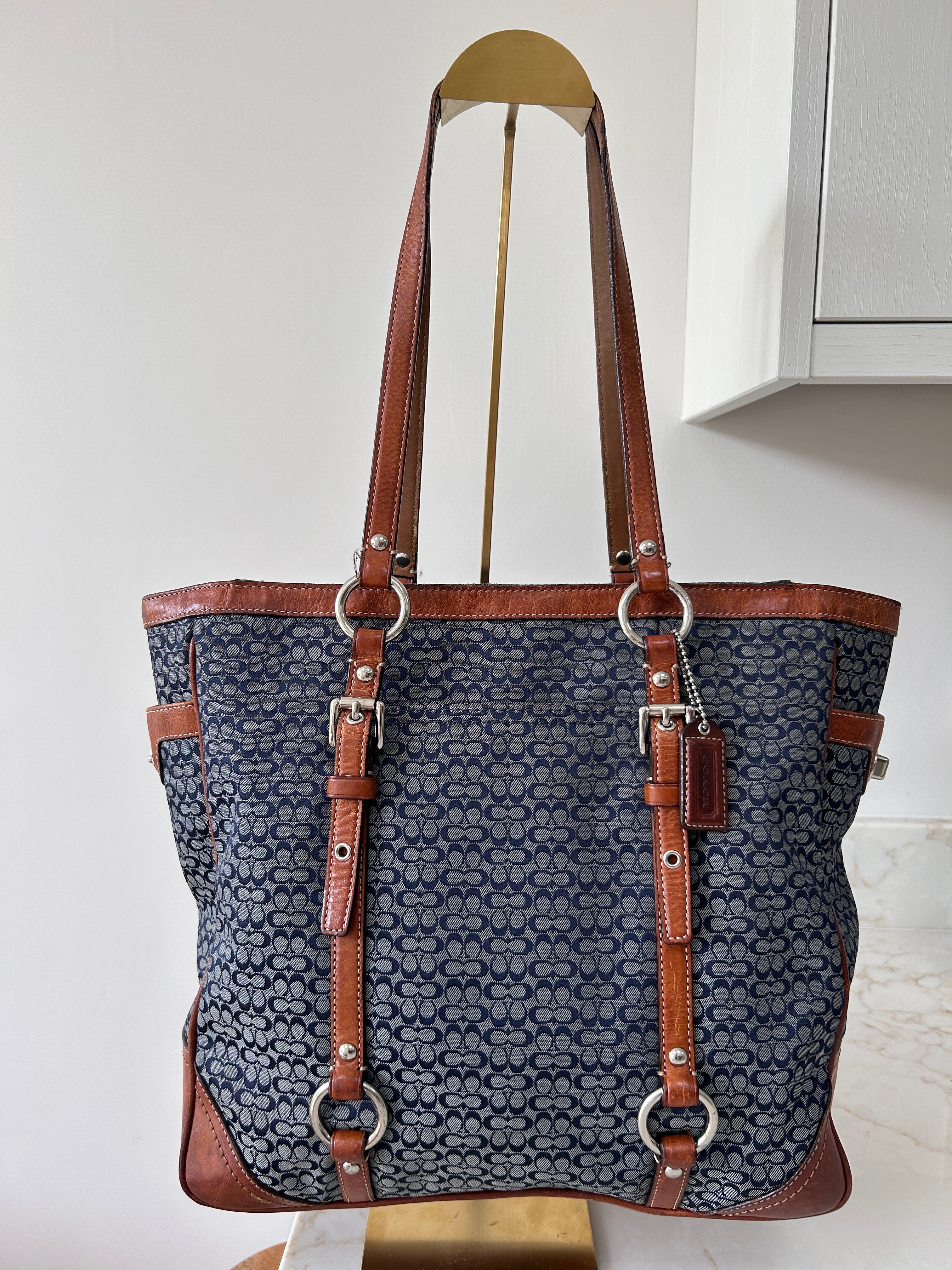 Vintage Coach denim and brown leather shoulder bag