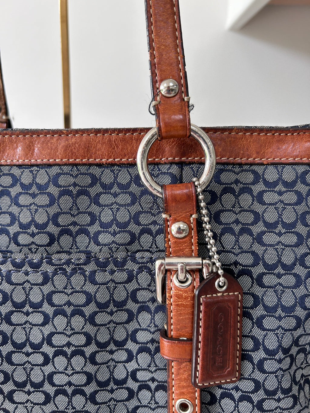 Vintage Coach denim and brown leather shoulder bag