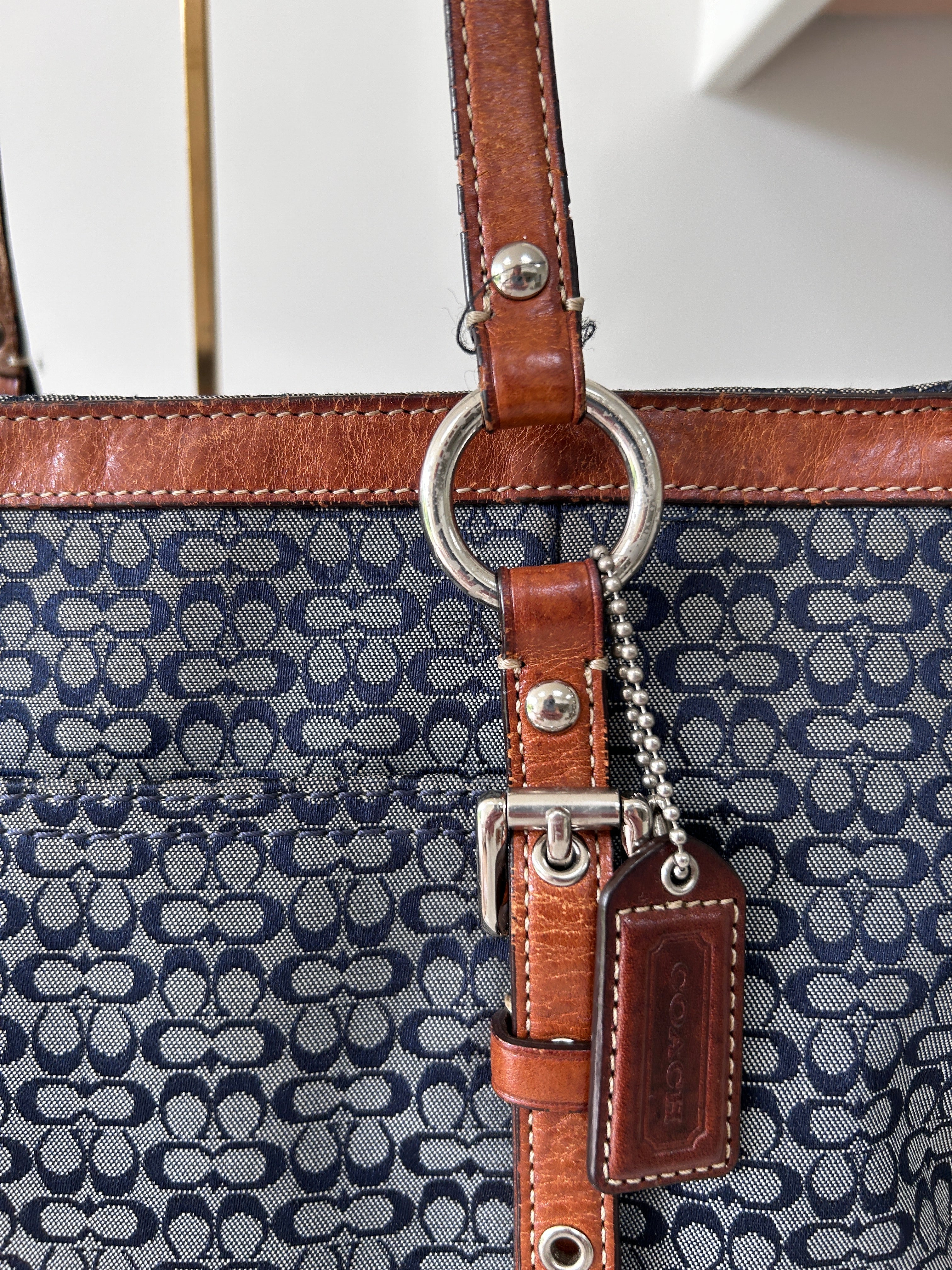 Vintage Coach denim and brown leather shoulder bag