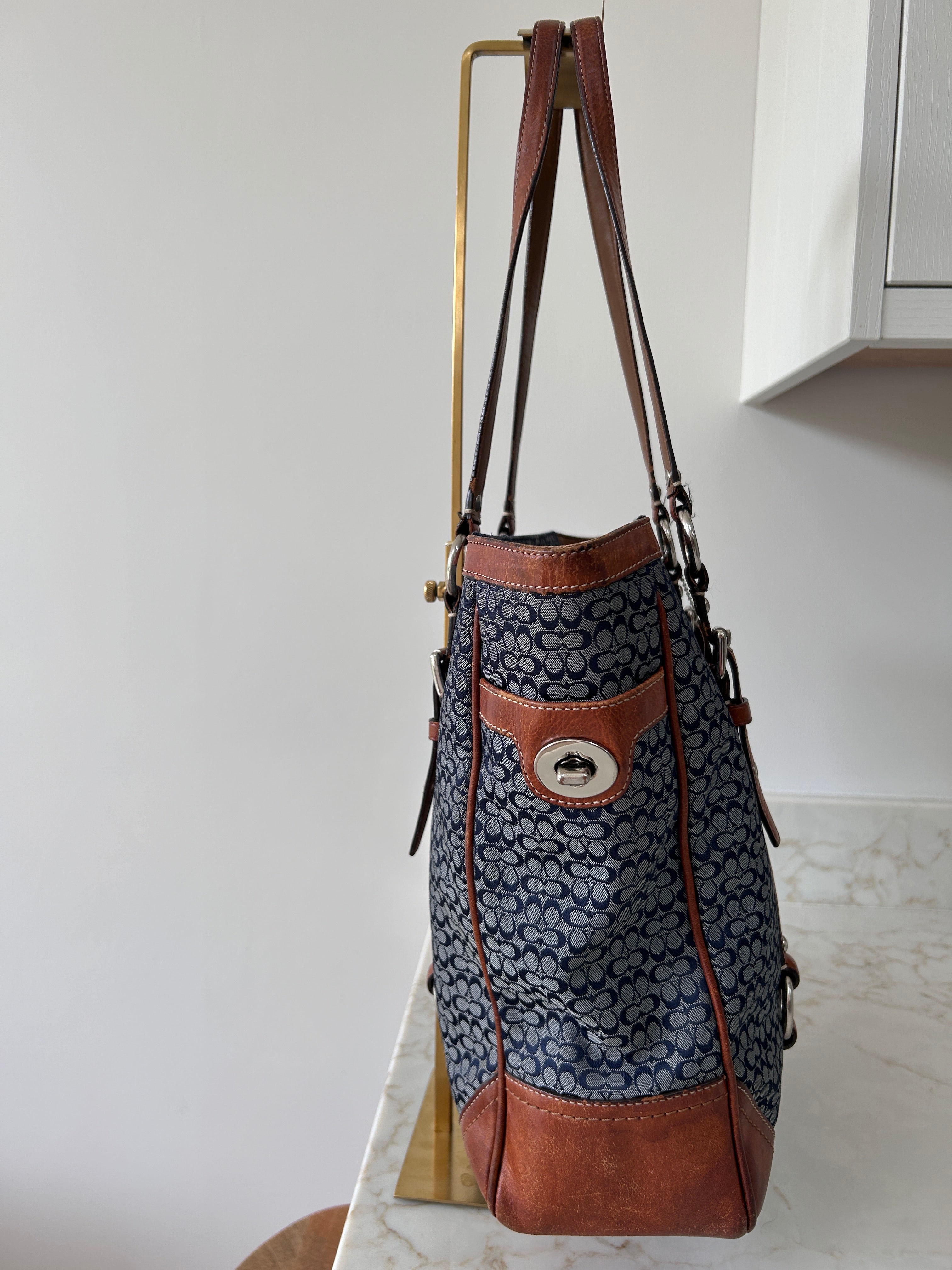 Vintage Coach denim and brown leather shoulder bag
