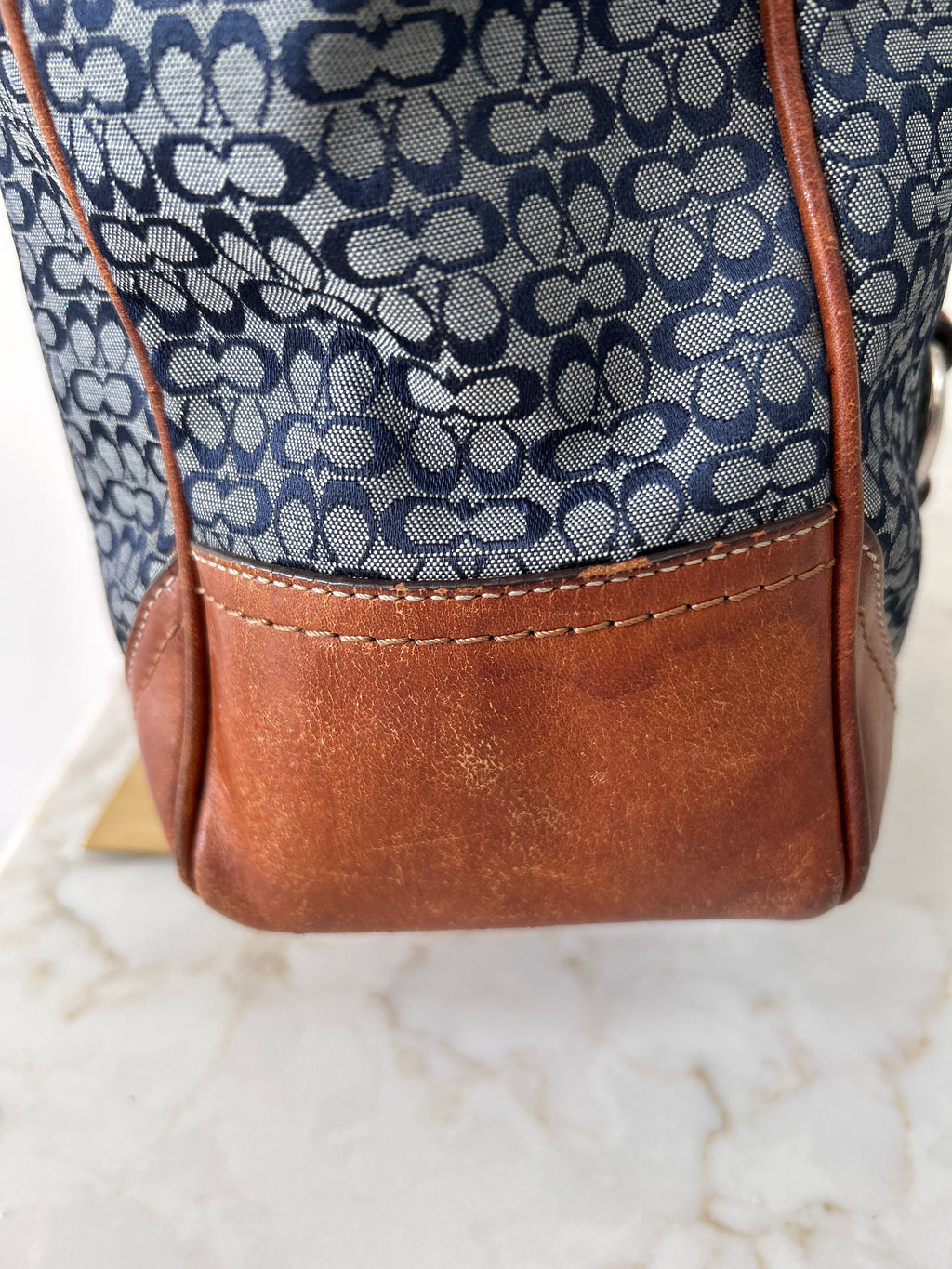 Vintage Coach denim and brown leather shoulder bag