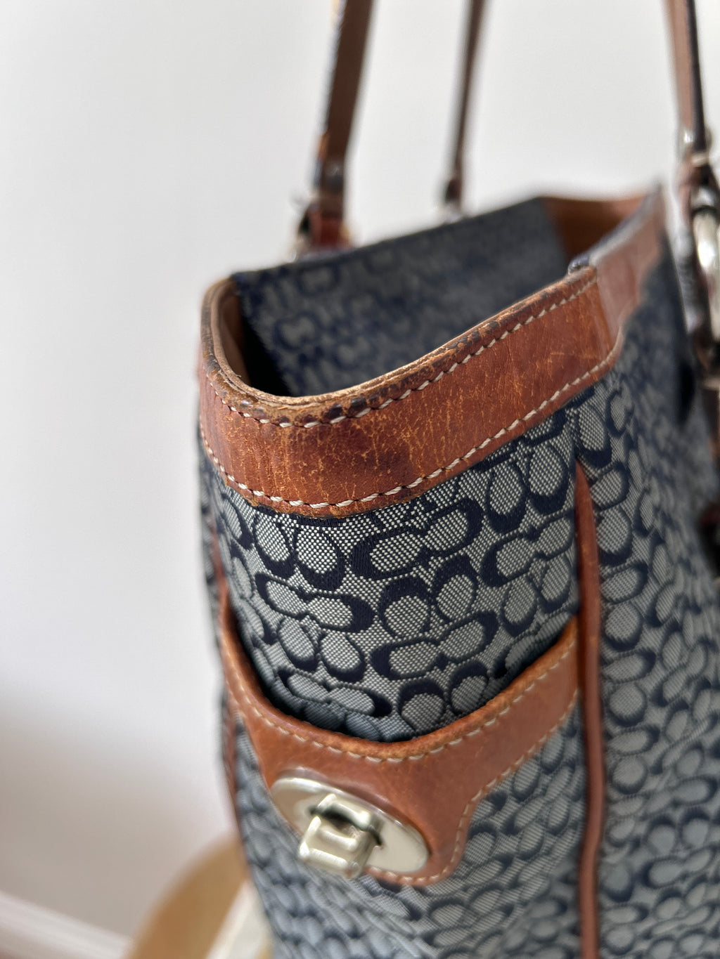Vintage Coach denim and brown leather shoulder bag