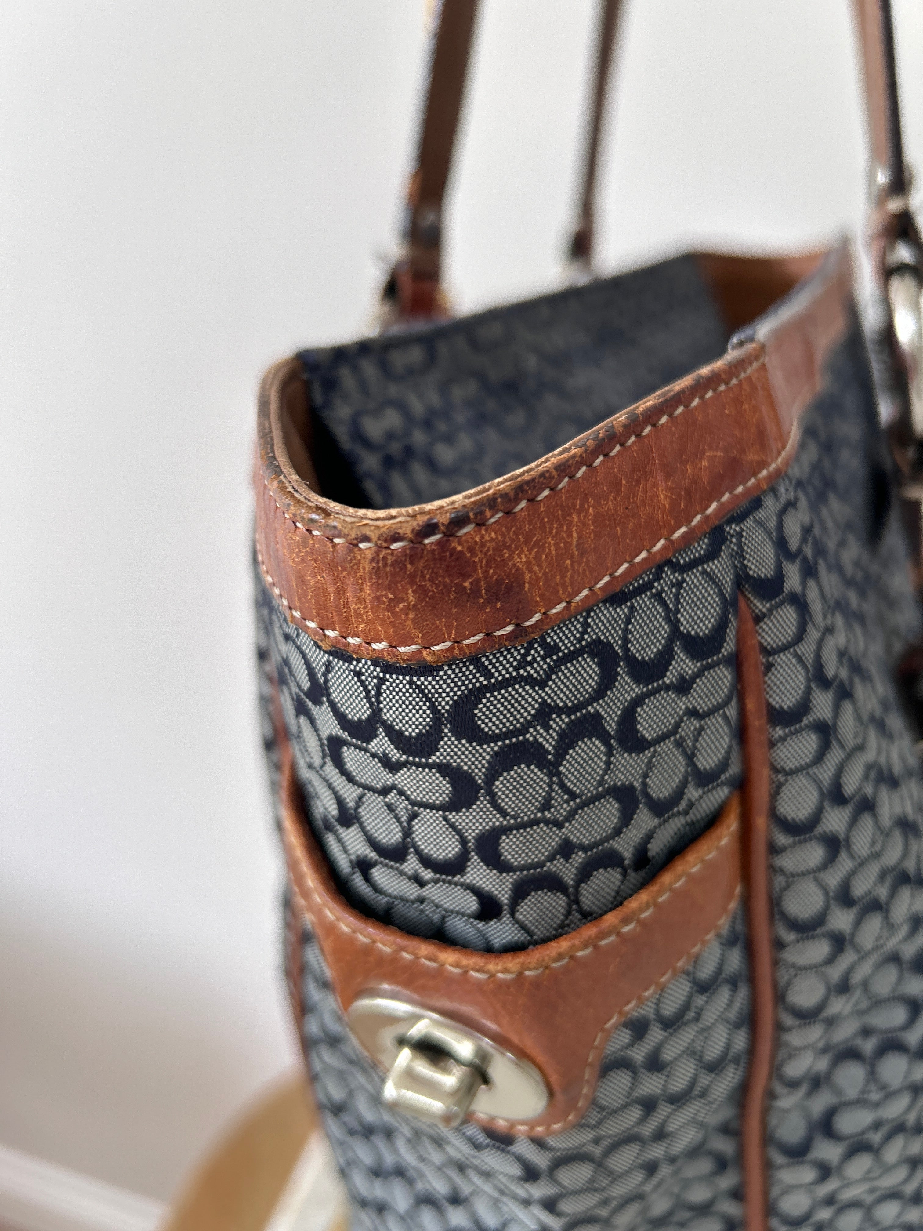 Vintage Coach denim and brown leather shoulder bag