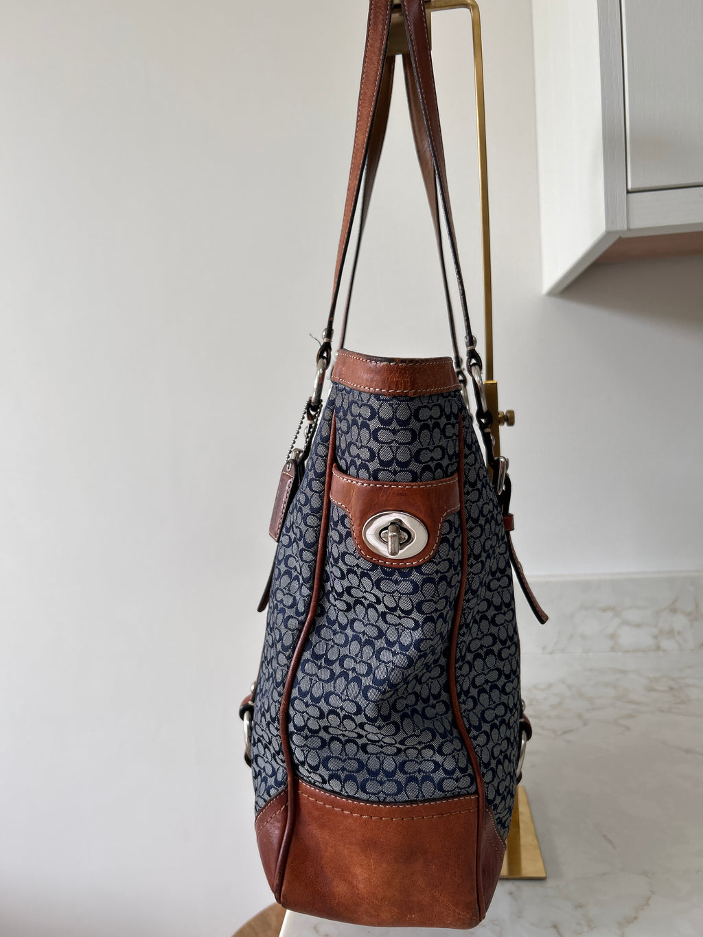 Vintage Coach denim and brown leather shoulder bag