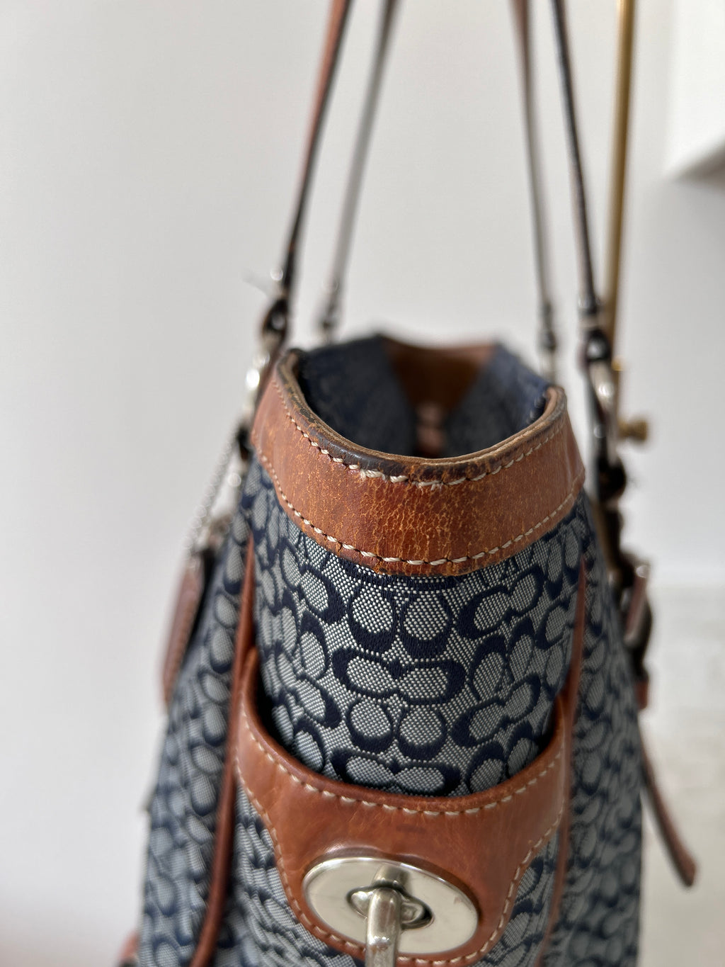 Vintage Coach denim and brown leather shoulder bag