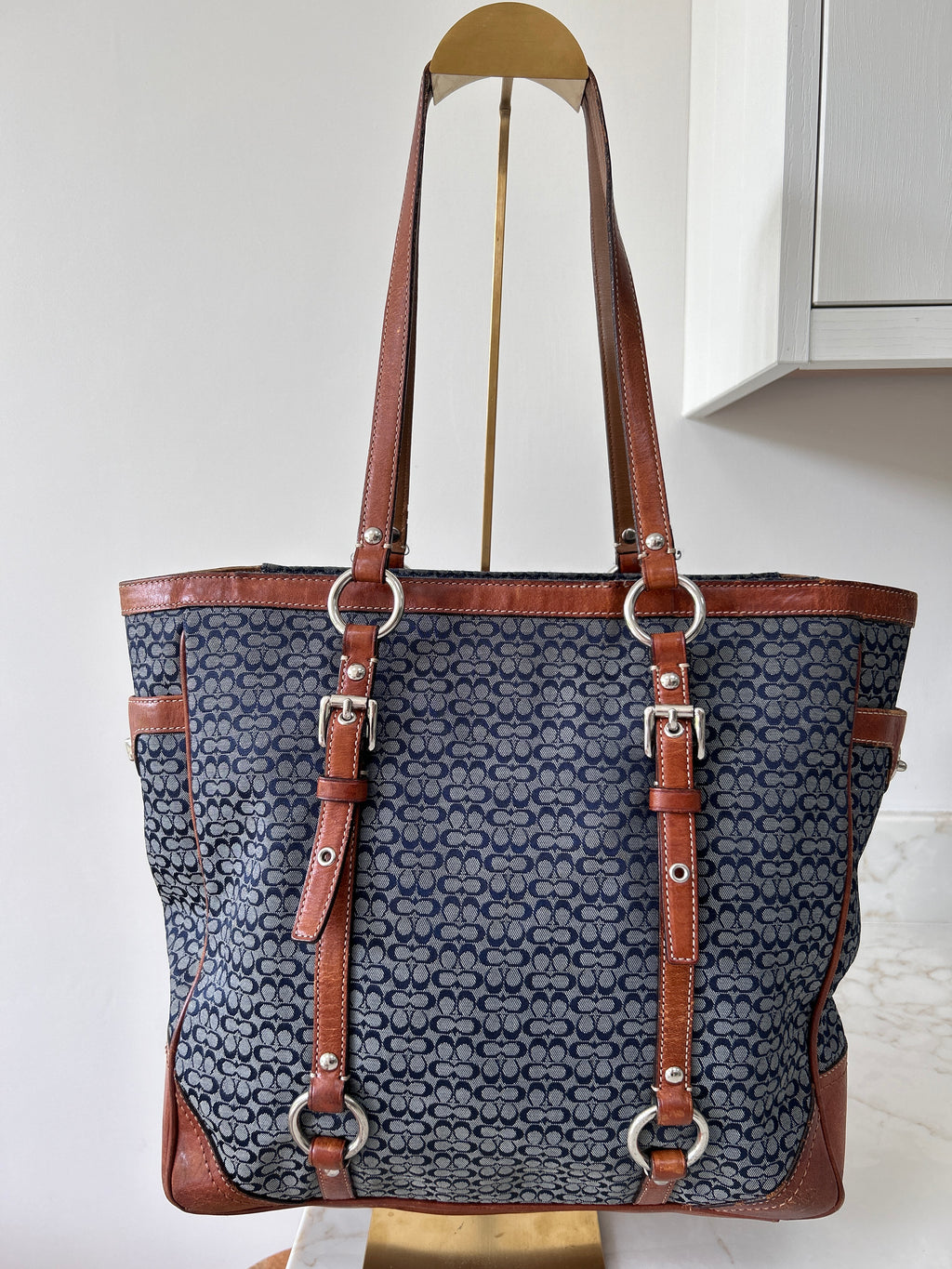 Vintage Coach denim and brown leather shoulder bag