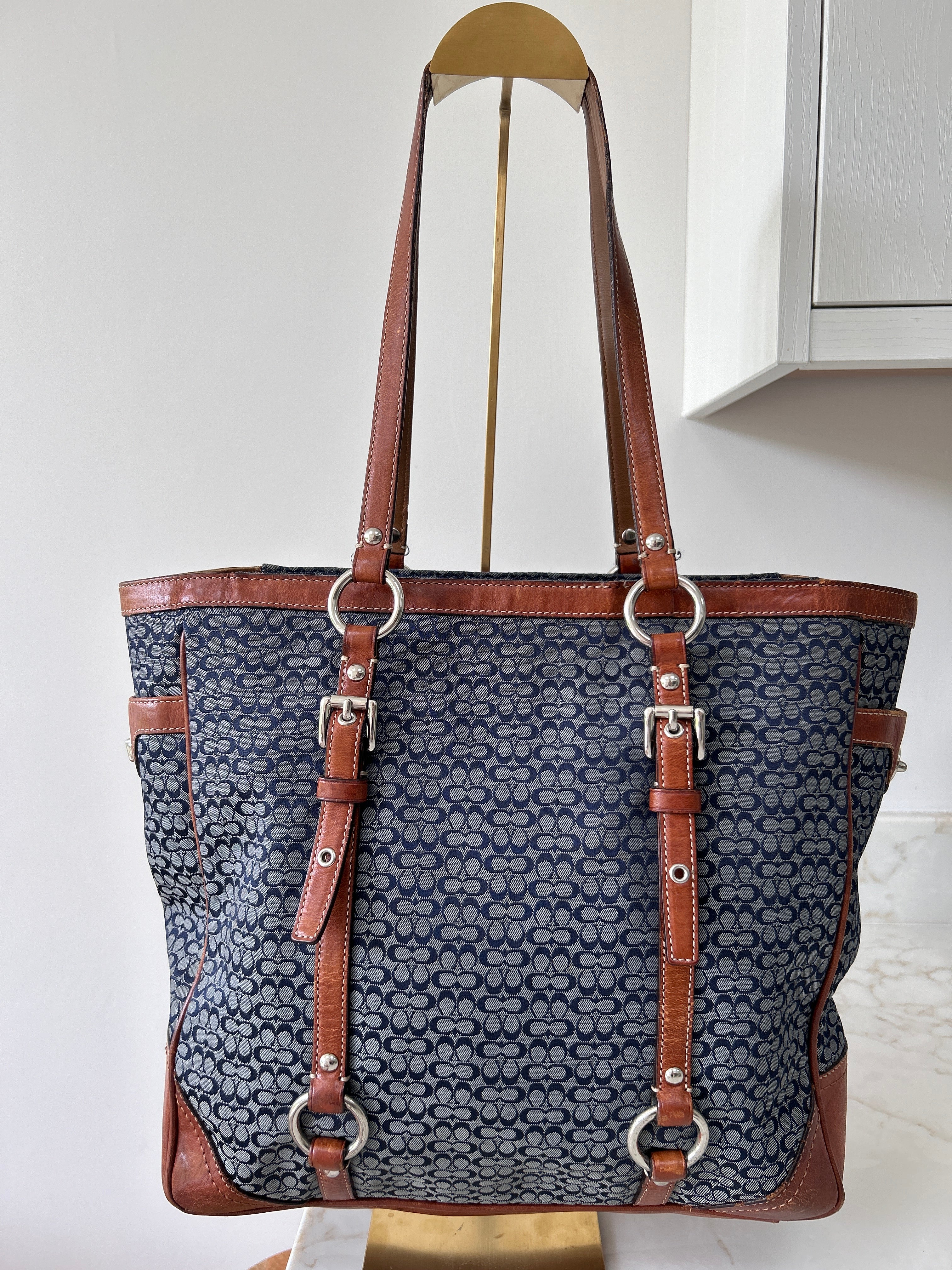 Vintage Coach denim and brown leather shoulder bag