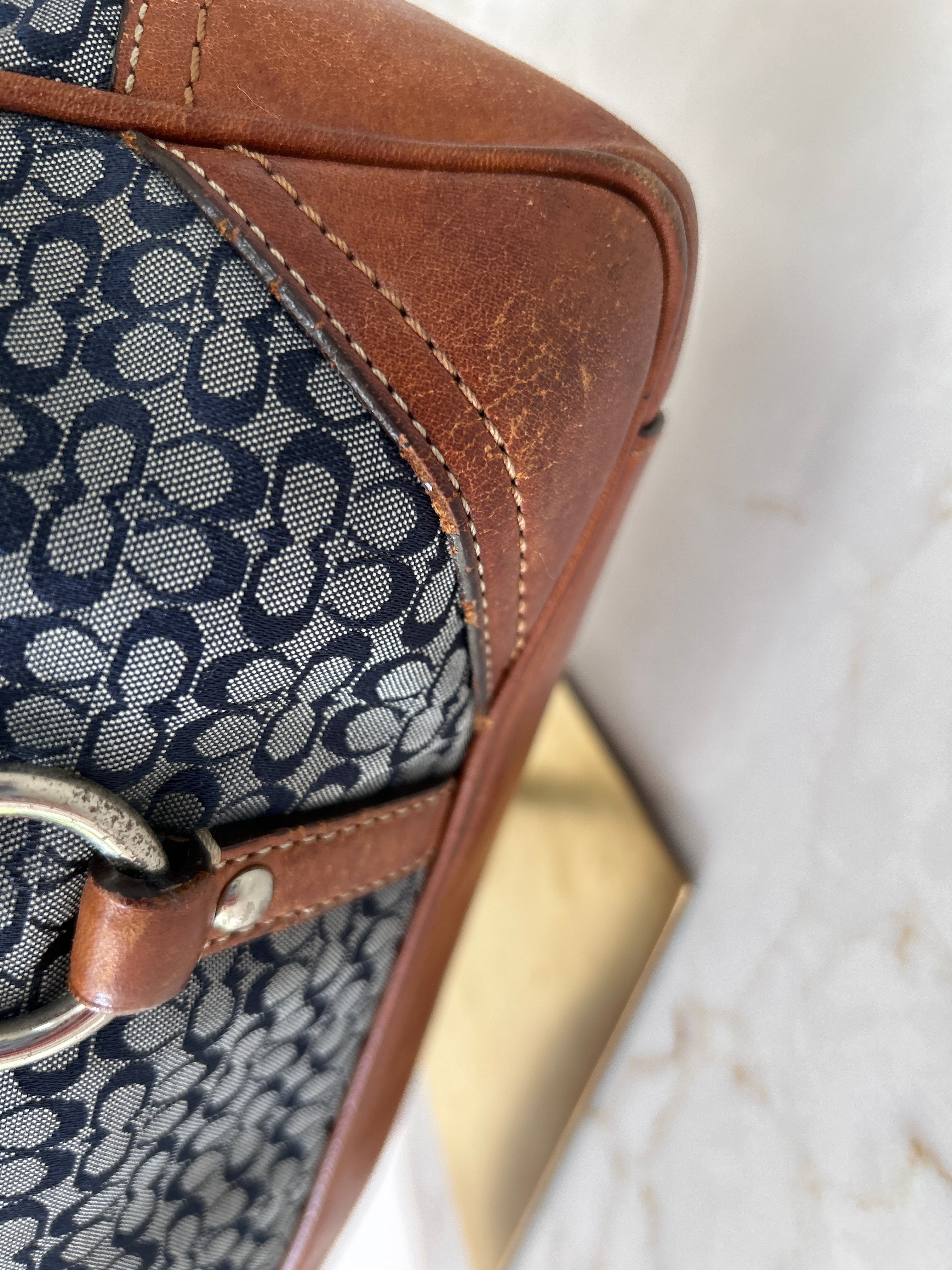 Vintage Coach denim and brown leather shoulder bag