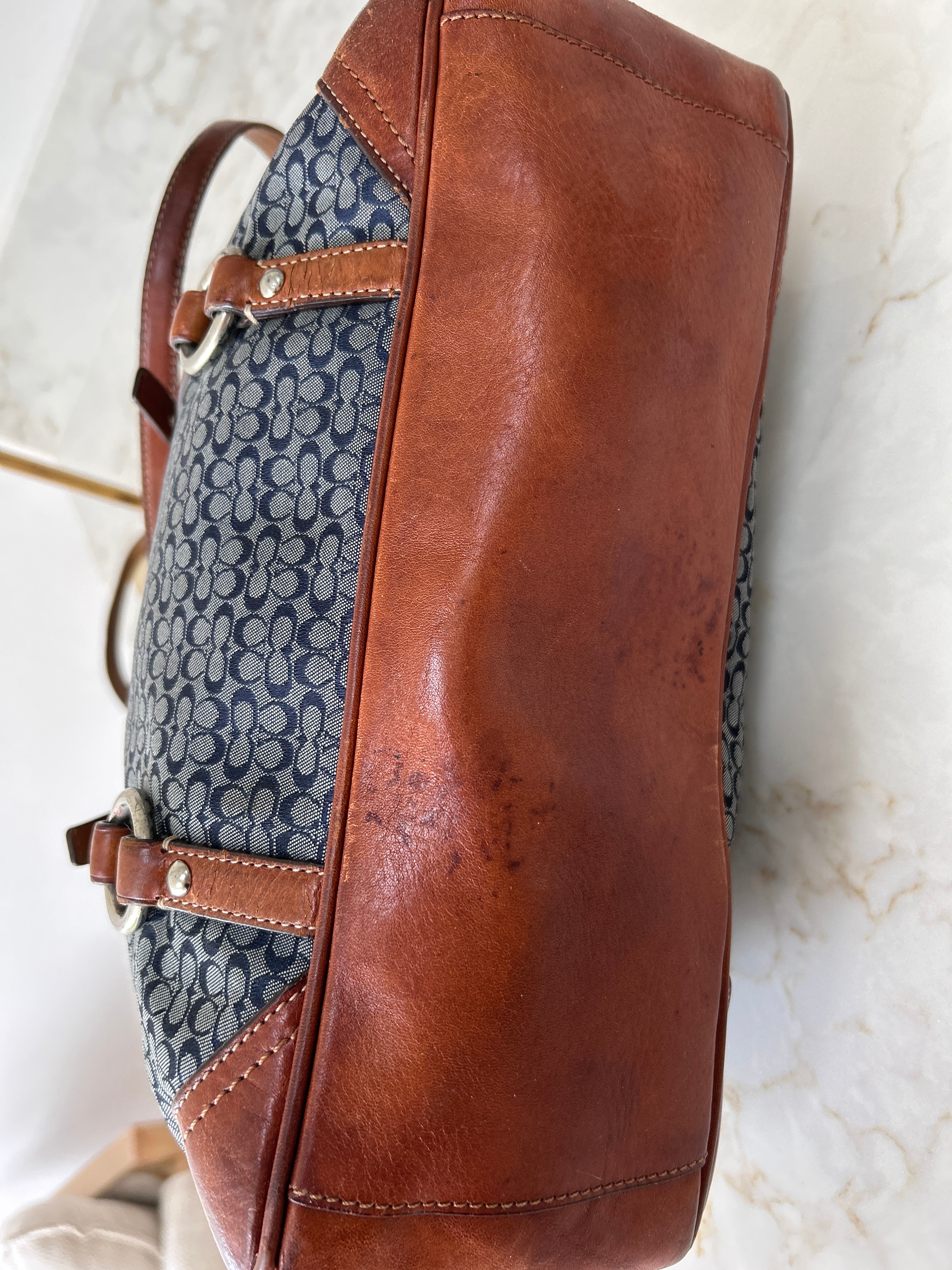 Vintage Coach denim and brown leather shoulder bag