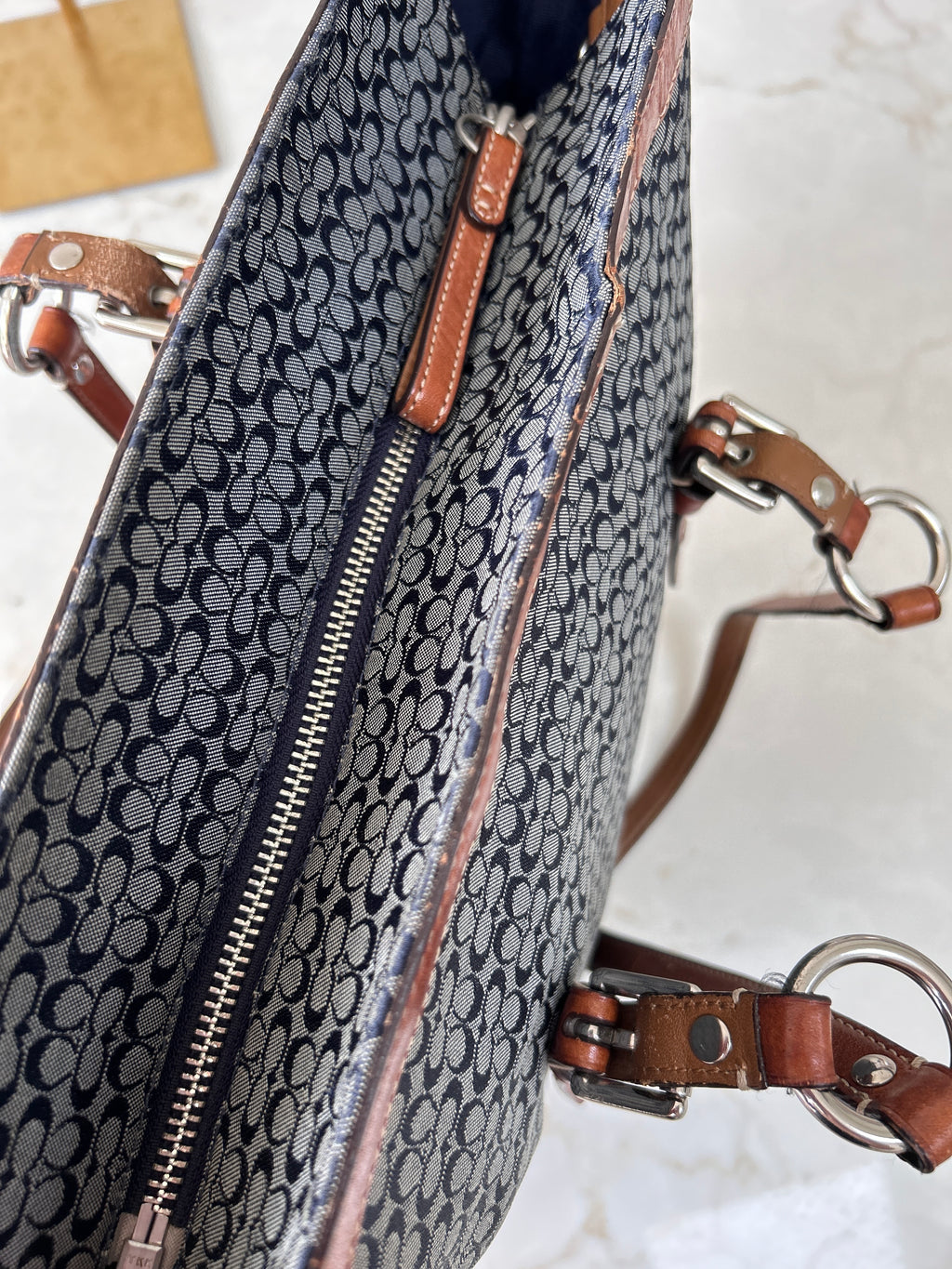 Vintage Coach denim and brown leather shoulder bag