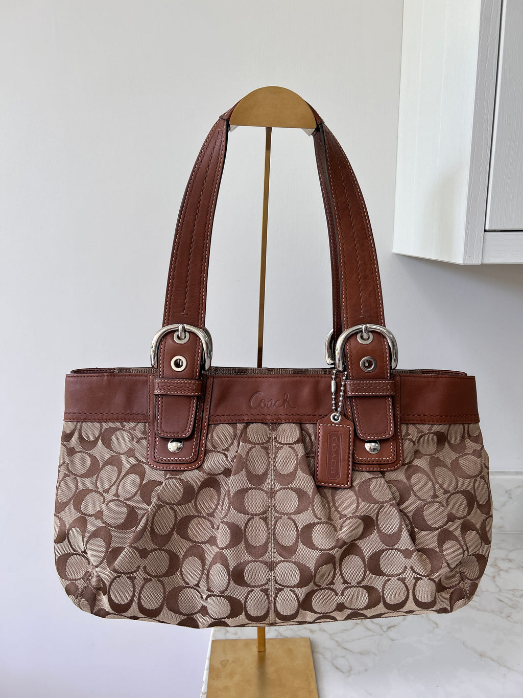 Vintage Coach brown monogram and leather tote shoulder bag