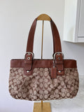 Vintage Coach brown monogram and leather tote shoulder bag