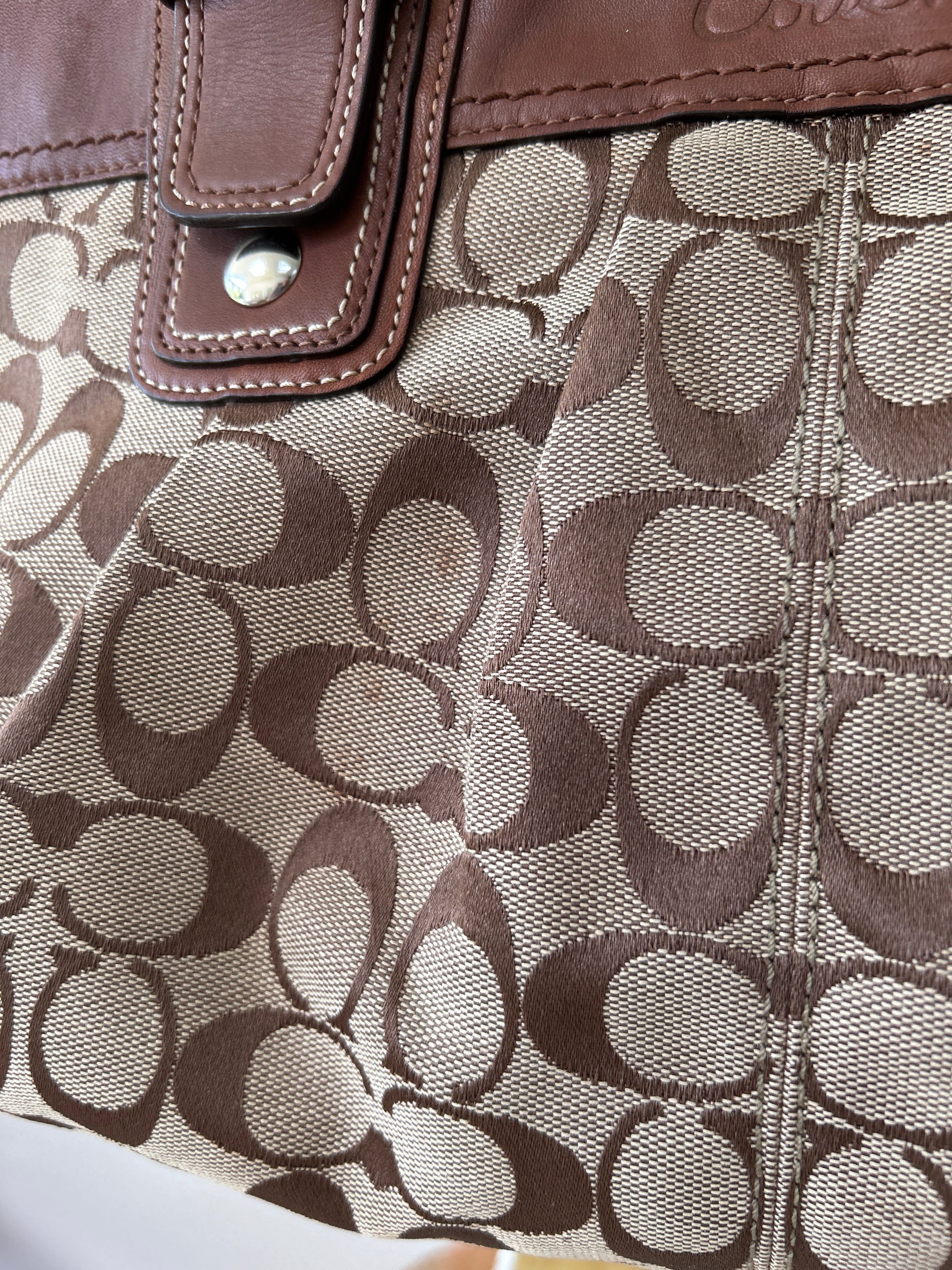 Vintage Coach brown monogram and leather tote shoulder bag