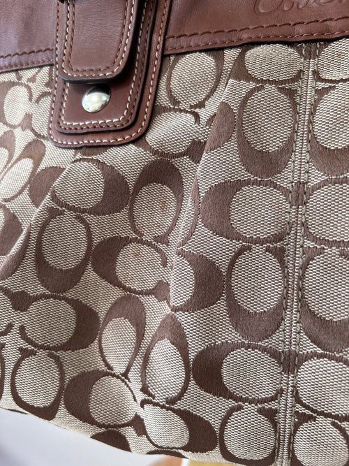 Vintage Coach brown monogram and leather tote shoulder bag