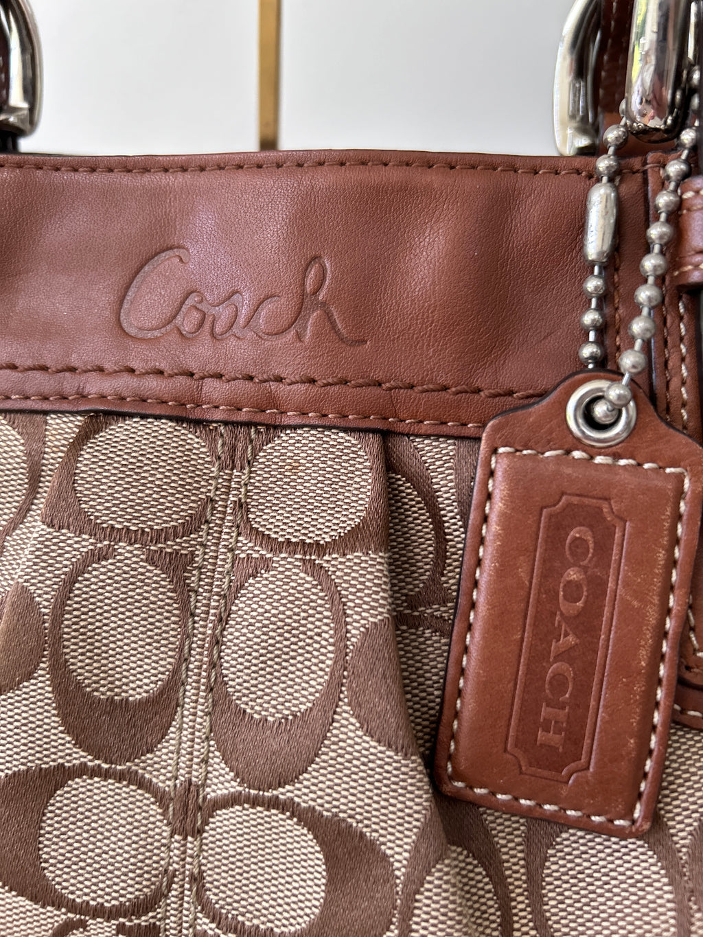 Vintage Coach brown monogram and leather tote shoulder bag