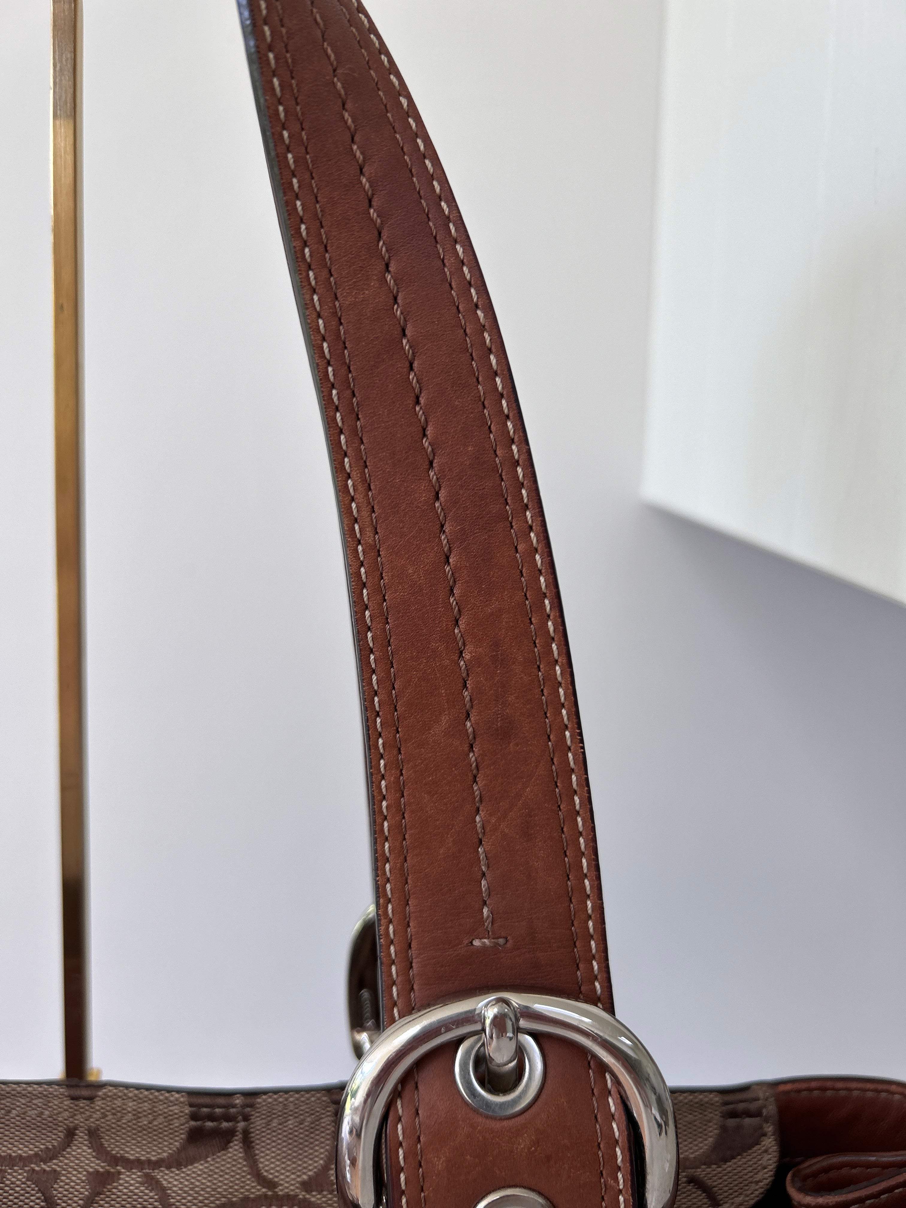Vintage Coach brown monogram and leather tote shoulder bag
