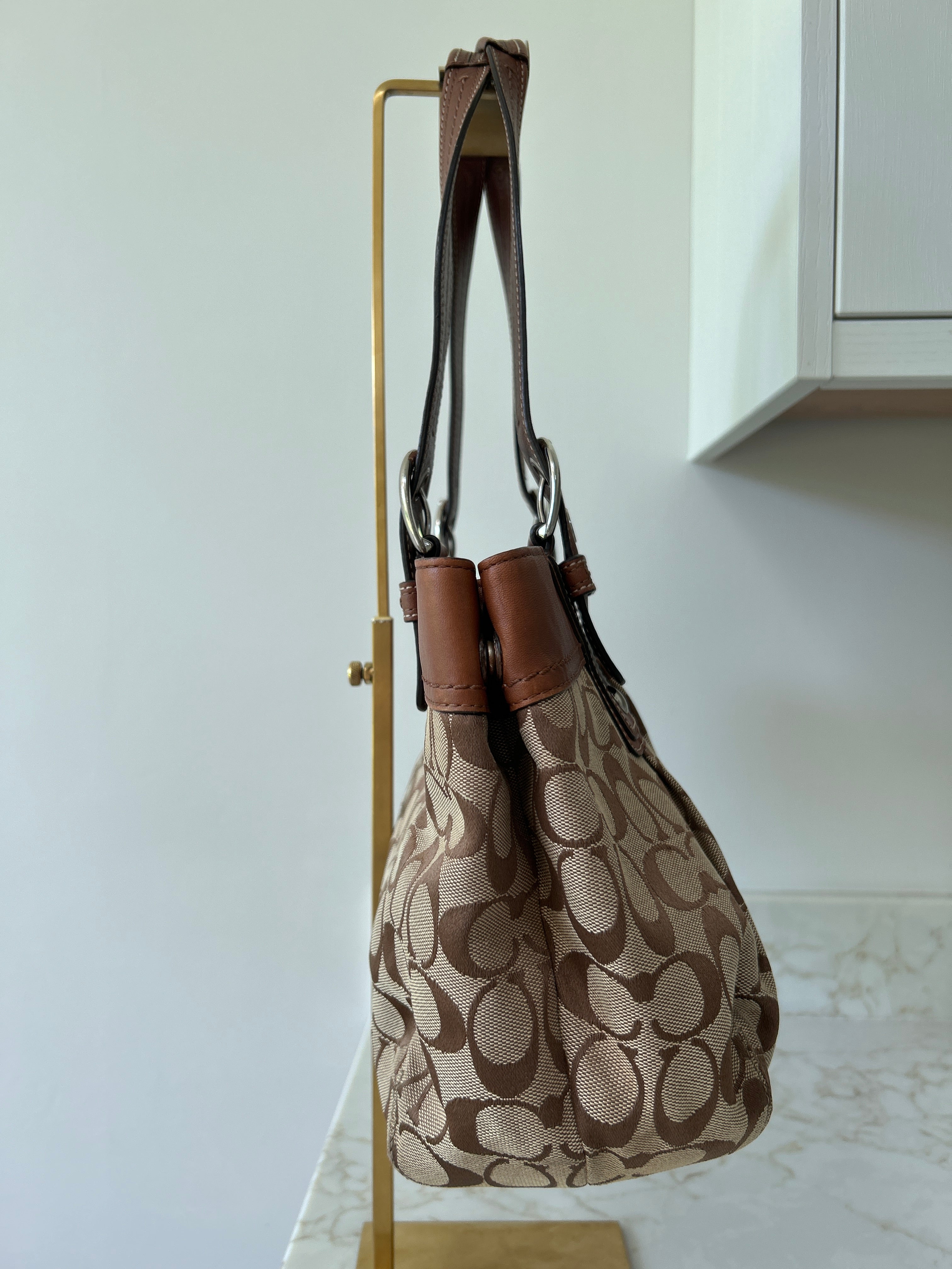 Vintage Coach brown monogram and leather tote shoulder bag
