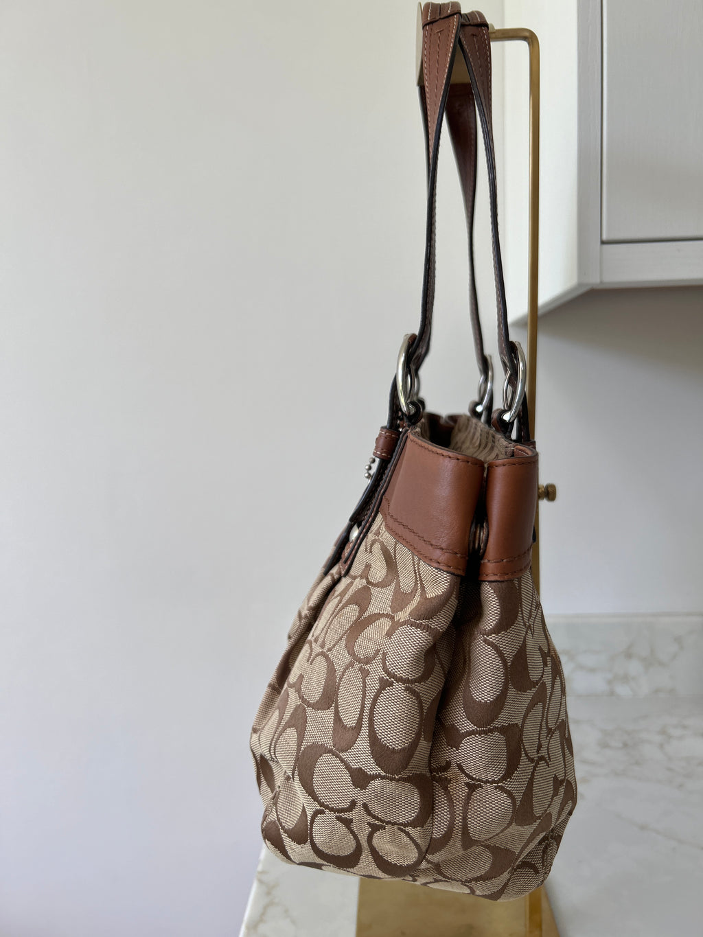 Vintage Coach brown monogram and leather tote shoulder bag